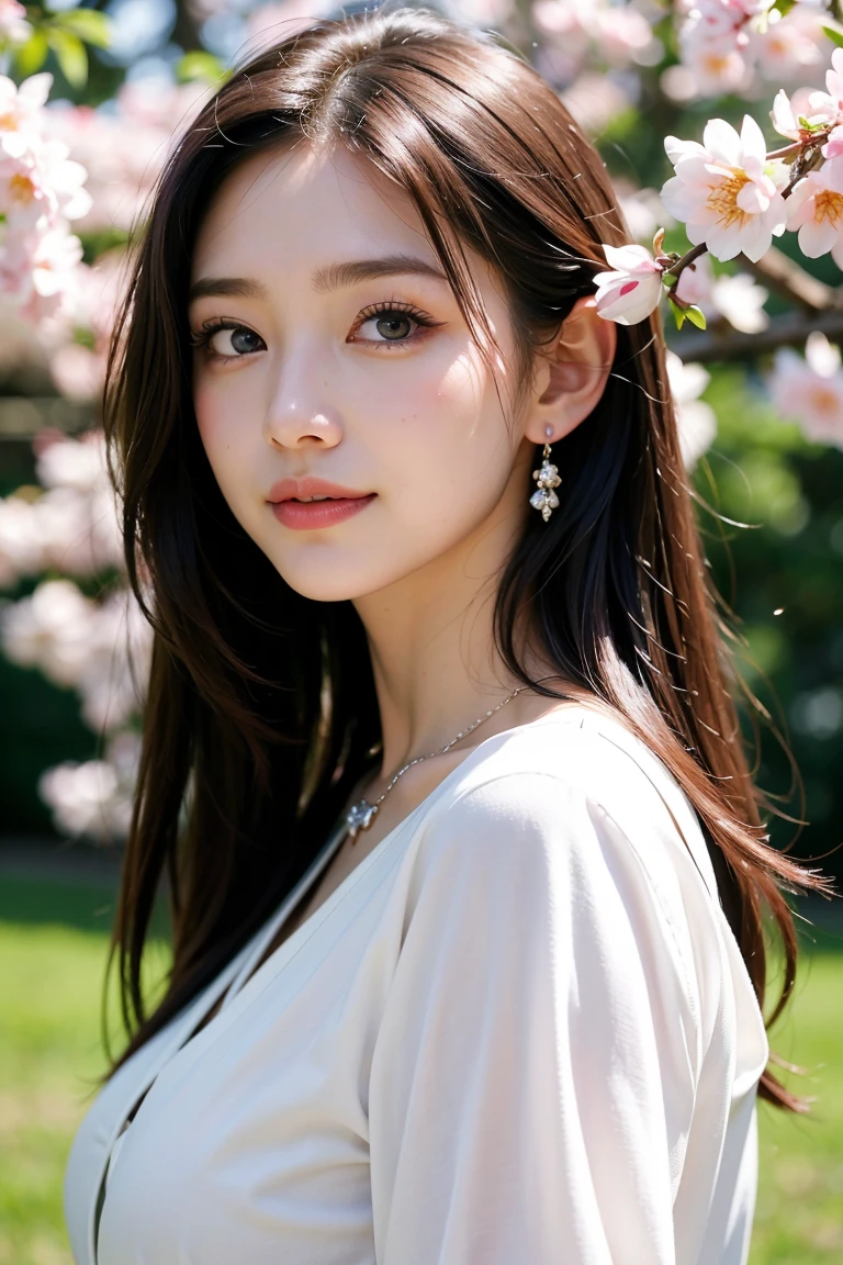 Pale face:1.3、Super thin face:1.3, (very big eyes:1.5)、 (blown eyes:1.5), master piece、8K, {highest quality}, {{masterpiece}}, {very delicate and beautiful}, outstanding light and shadow, highly detailed wallpaper, clear and bright sunlight, Full body: 1 girl, , blush、茶Farbeのショートボブヘア, strong sunlight, (Business Fashion:1.5), delicate hair, B cup breasts, shiny skin, Realistic human skin texture, visible wrinkles on the skin., broad shoulders,window, ((a strong light shines on your face)), Farbe々take a pose:1.5, necklace、ring、earrings、Toothless smile:1,5, A park with cherry blossoms in full bloom