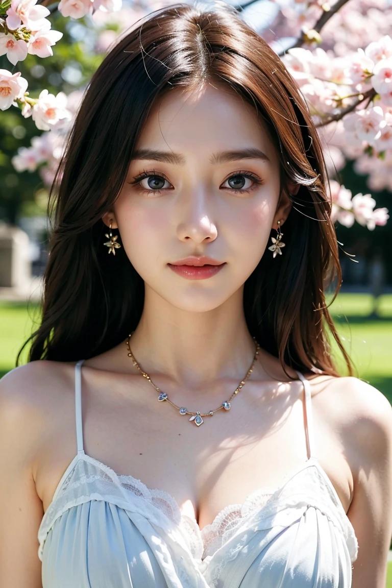 Pale face:1.uper thin face:1.3, (very big eyes:1.5)、 (blown eyes:1.5), master piece、8K, {highest quality}, {{masterpiece}}, {very delicate and beautiful}, outstanding light and shadow, highly detailed wallpaper, clear and bright sunlight, Full body: 1 girl, , blush、茶Farbeのショートボブヘア, strong sunlight,  (Business Fashion:1.5),  delicate hair, B cup brehiny skin, Realistic human skin texture, visible wrinkles on the skin., broad shoulders,window, ((a strong light shines on your face)), Farbe々take a pose:1.5, necklace、ring、earrings、Toothless smile:1,5, A park with cherry blossoms in full bloom