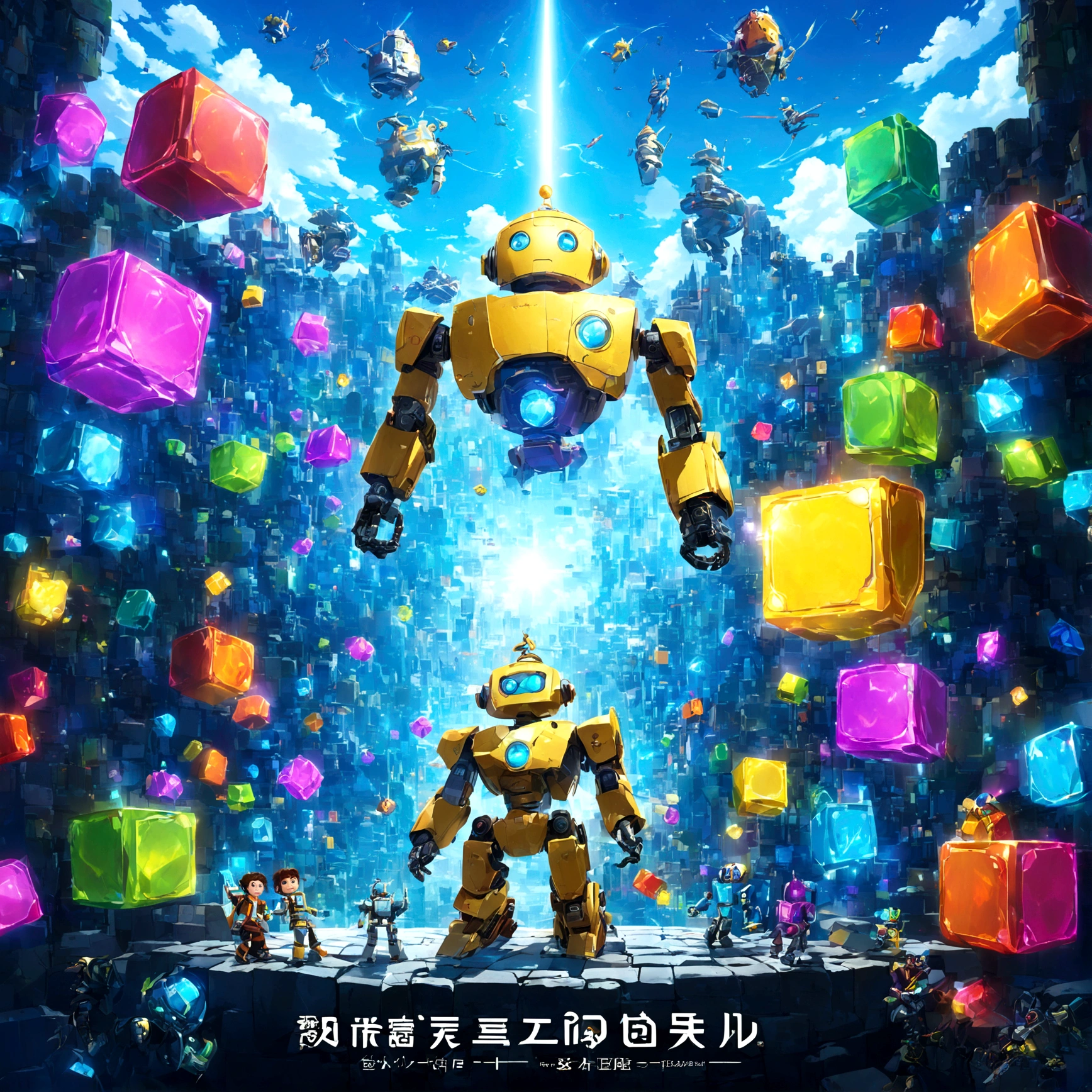 bright future。technology。programming。code。robot。game。create。learning。fun。
Colorful blocks stacked、プログラムcodeが画面に流れ込む。robotアームが軽快に動き、The characters on the screen come to life。
完成間近のgame画面には、An exciting world of adventure awaits。子どもたちのcreate力とprogrammingの力で、The digital world comes to life。