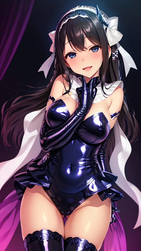 Erotic、Sagasawa Fumika、White headband、White stole、Blue eyes、Big Breasts、Shiny navy blue sequin leotard、Black Leather Gloves、stockings、Pink love hotel with dim lights、smile、Lightly open your mouth、Evil female executive、adult、Married Woman、tall、Hands on chest