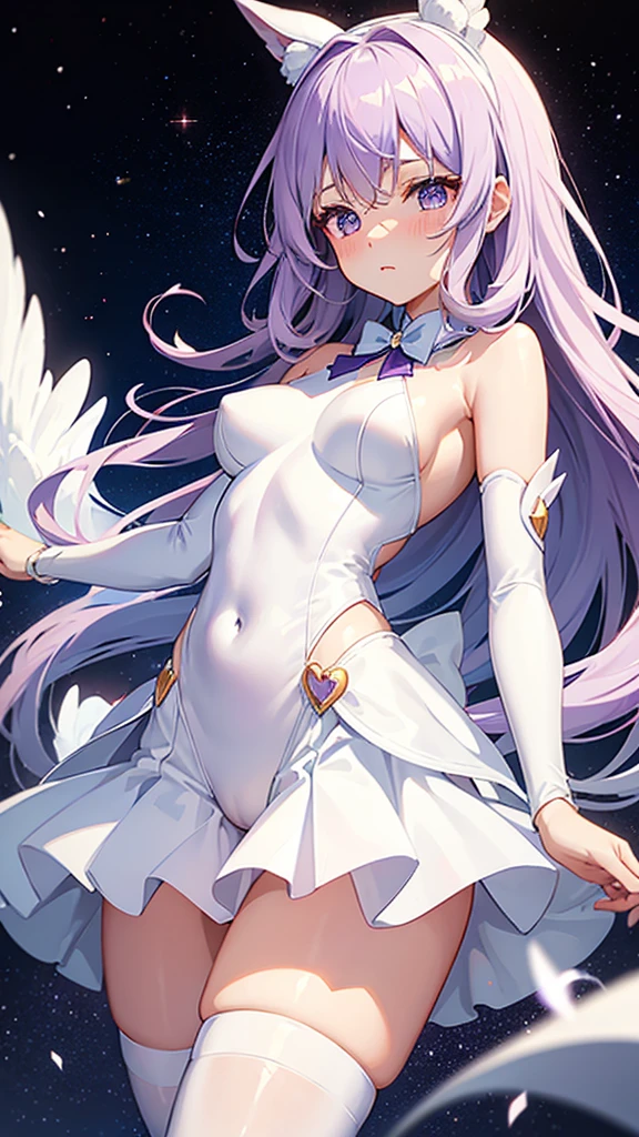Magical girl White costume leotard Purple long hair Great style blush Embarrassed universe space
