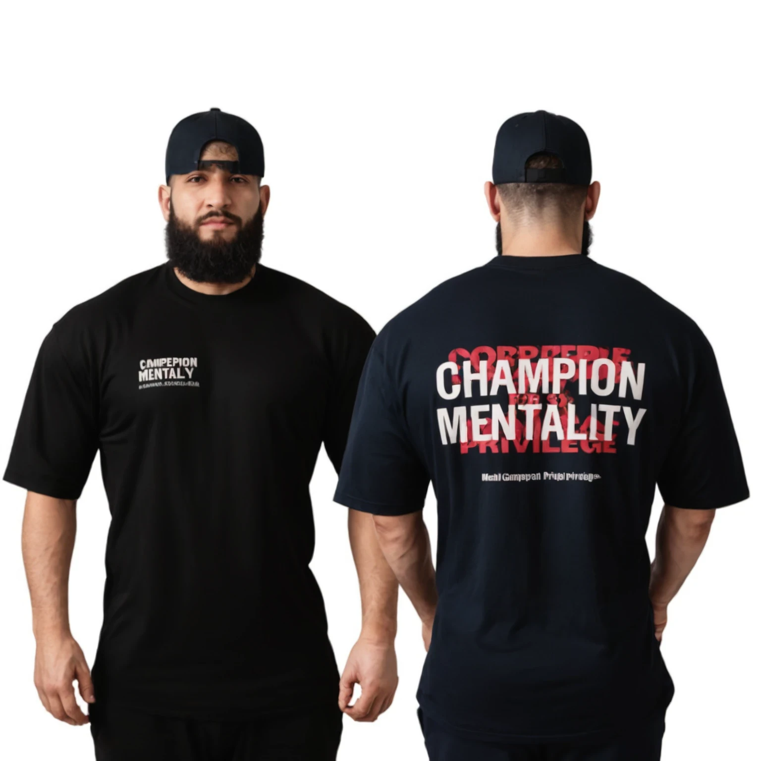 two men wearing black shirts with the words campeão mentally privilege, oficial, campeão, oficial product photo, Motivaçãoal, oficial product image, frente e verso view, inspiração, Khabib, vistas laterais frontais completas, mental, Motivação, inspo, corpo de ernest khalimov, foto completa do produto, corpo todo, corpo todo, vista superior e lateral, frente e verso