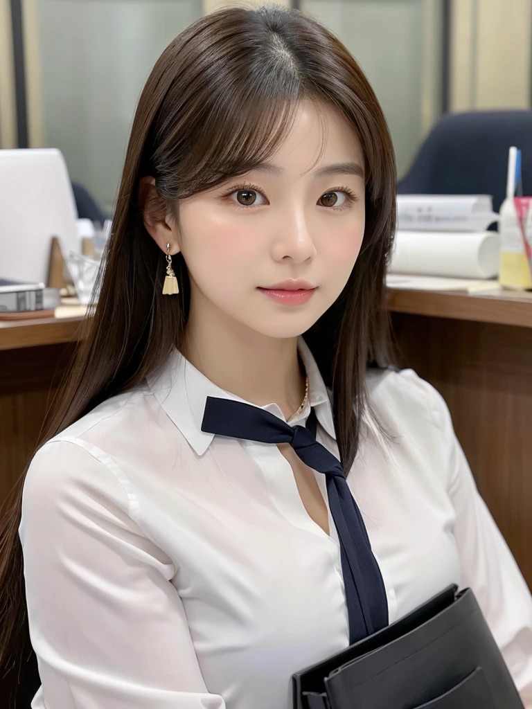 Han Julie is a young Korean woman in her 28s. Her hair is long in a dark color.
Her face is oval and marked by her large brown eyes, which carry a cold, unexpressive face. Her skin is radiant and clear, presenting an impeccable state of health and her curved lips.
Her height is medium, her body athletic and defined, with the most charming and provocative. It contrasts and matches their personalities.
She is in her office at the company in the night, wearing a white shirt with loose tie while undoing