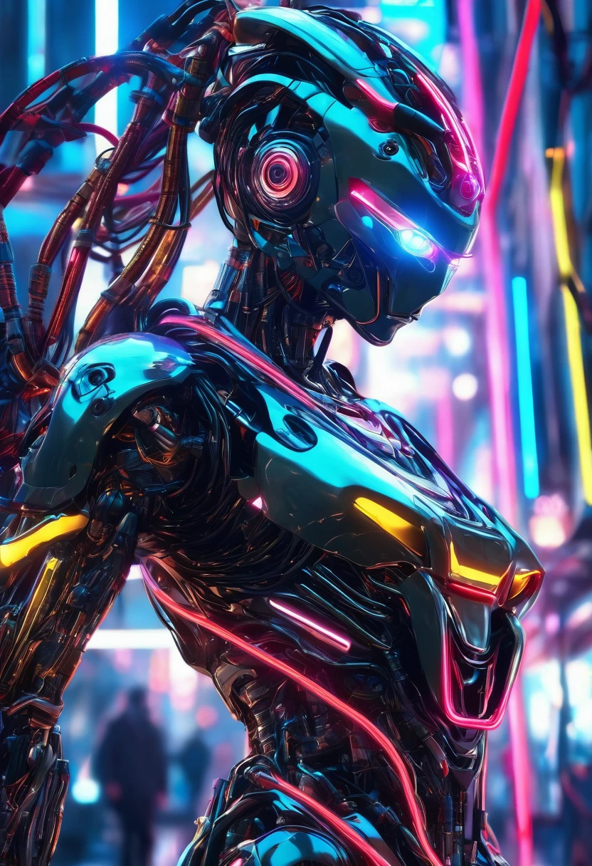 robot, Metal body, Neon lights in your body, cable, Robot mechanism, Dynamic pose, (Highest quality,4K,8K,High resolution,masterpiece:1.2),Super detailed,(Realist,photoRealist,photo-Realist:1.37),Cinema Lighting,Very sophisticated mechanical parts,Dynamic action poses,Elegant metallic texture,Bright neon reflections,Complex Robot Functions,Advanced Technology,futuristic cyberpunk,Vibrant color palette