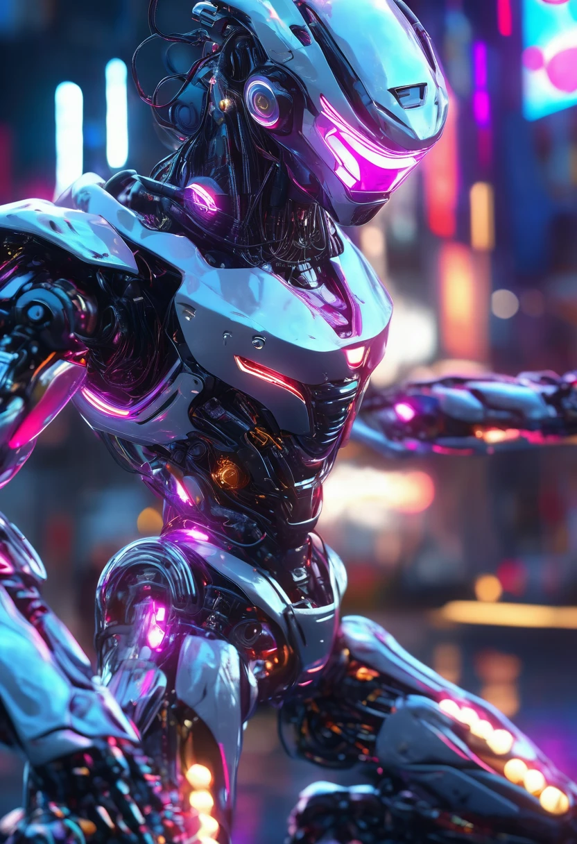 robot, Metal body, Neon lights in your body, cable, Robot mechanism, Dynamic pose, (Highest quality,4K,8K,High resolution,masterpiece:1.2),Super detailed,(Realist,photoRealist,photo-Realist:1.37),Cinema Lighting,Very sophisticated mechanical parts,Dynamic action poses,Elegant metallic texture,Bright neon reflections,Complex Robot Functions,Advanced Technology,futuristic cyberpunk,Vibrant color palette