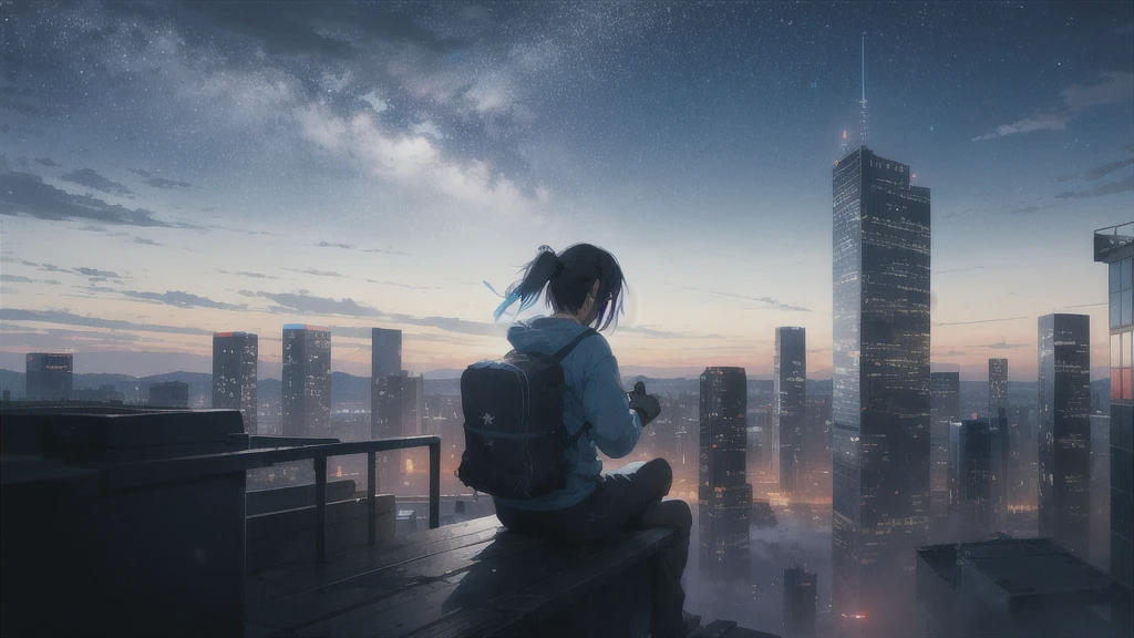 evening,暗いnight空,Octane, star (null), scenery, Blue parakeet,Acoustic guitar,star, night, One Girl, Back view,night, alone, Outdoor, Blue parakeet,building, cloud, milky way, Sitting,city, silhouette