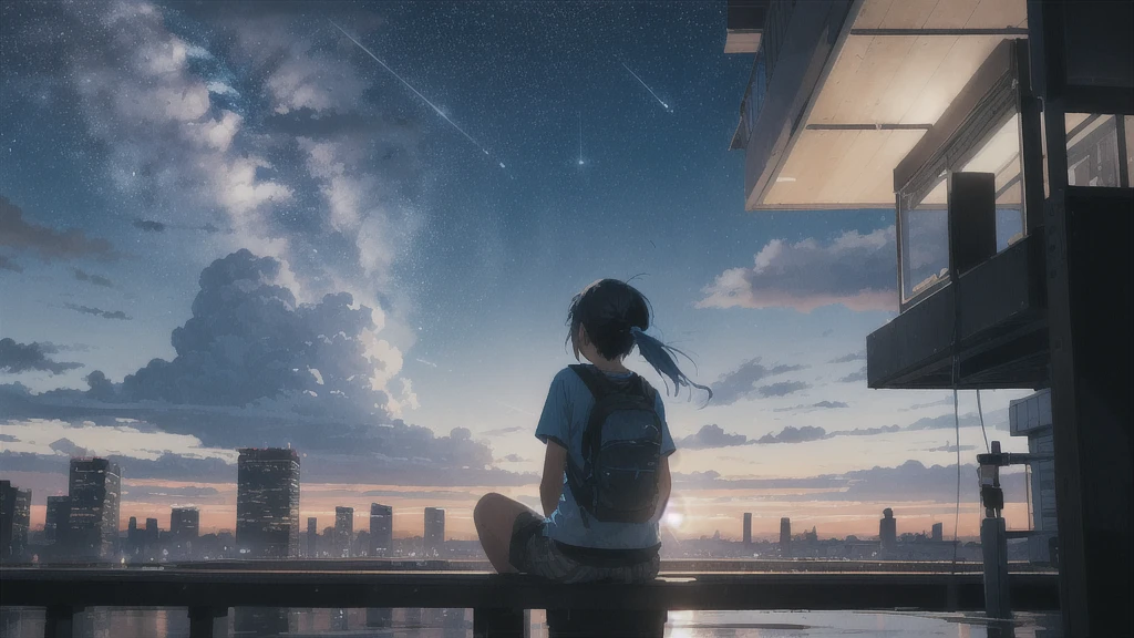 evening,暗いnight空,Octane, star (null), scenery, Blue parakeet,Acoustic guitar,star, night, One Girl, Back view,night, alone, Outdoor, Blue parakeet,building, cloud, milky way, Sitting,city, silhouette