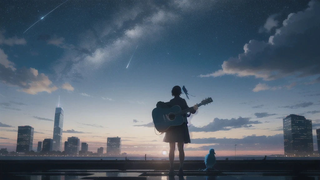 evening,暗いnight空,Octane, star (null), scenery, Blue parakeet,Acoustic guitar,star, night, One Girl, Back view,night, alone, Outdoor, Blue parakeet,building, cloud, milky way, Sitting,city, silhouette