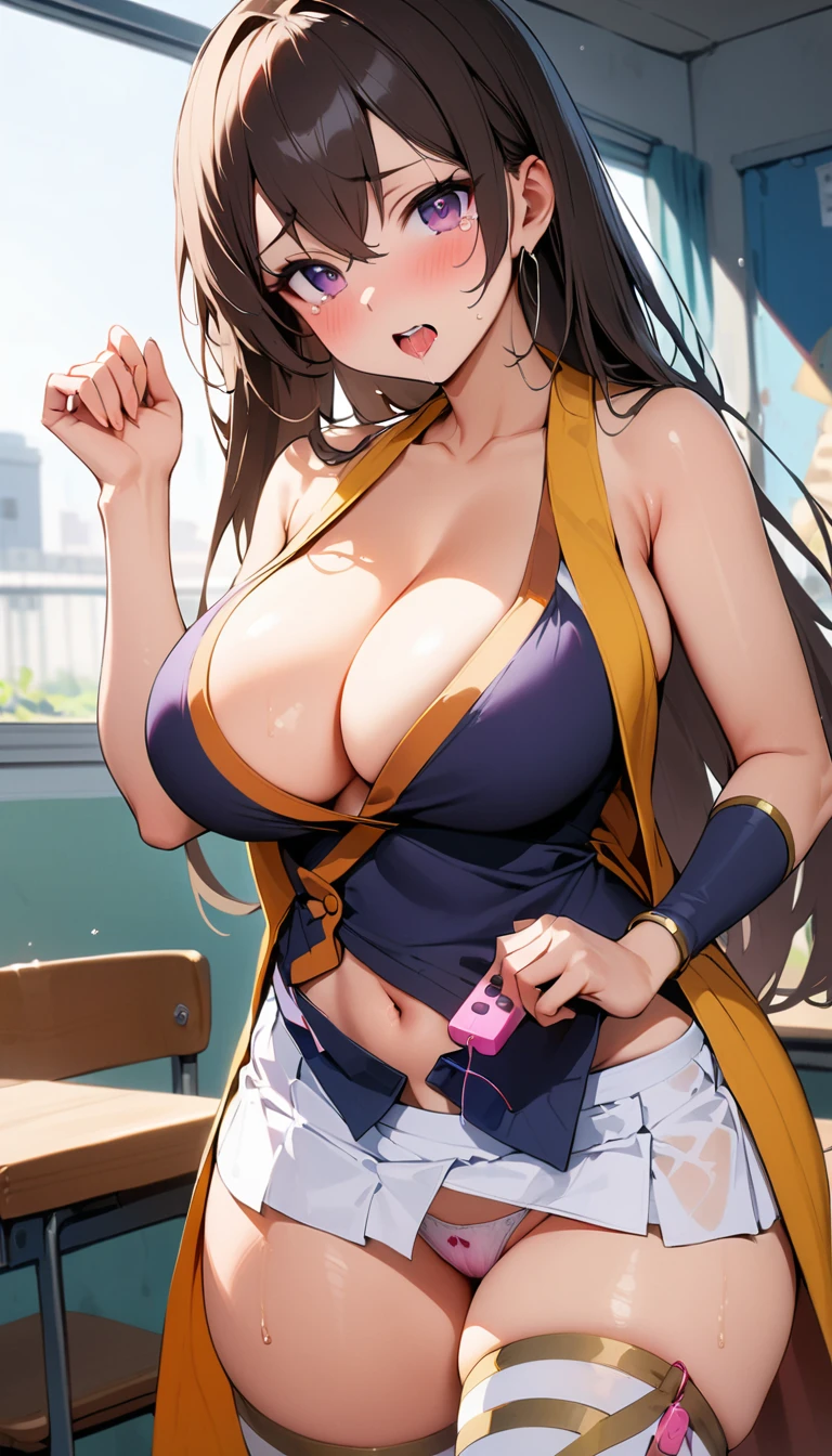 (1girl, xuangzang sanzang \(fate\), fate/Grand Order), (throw_hand, pink vibrator remote switch in throw_hand, throw:1.2), Highest quality, Super detailed, masterpiece, Ultra-high resolution, 8K, Ridiculous, Cowboy Shooting, Blurred, One girl, Focus on the girl, Embarrassing, blush, Lovely, Close one eye, With tears in her eyes and her mouth open, What saliva leaves behind, Wet skirt hem, (Sticky panties:1.1), Bulging of the vibrator cord, Vibrator with Garters, (cleavage), Classroom Background, The skirt is accidentally exposed,(large breasts), (crop top navel), (waist line), Accidentally exposed panties