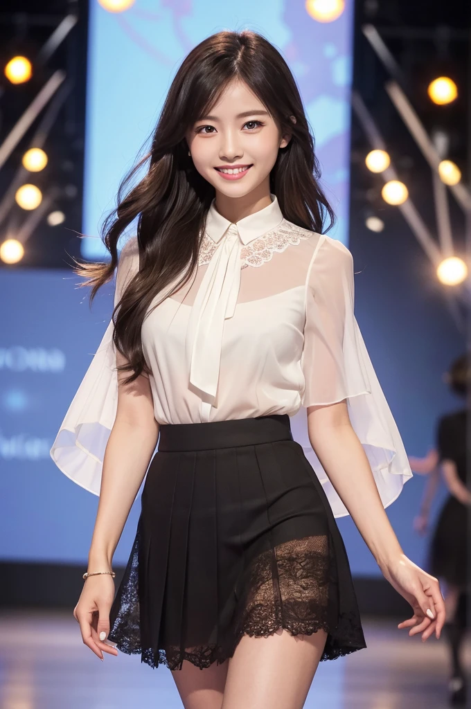 Amazingly large eyes、Smiling expression with white teeth visible、H cup bust、50cm waist、Slender and fair-skinned、Japan woman with long hair、20-year-old、Slim figure、Wearing a pleated skirt and a sheer lace blouse that flutters in the vivid breeze、Wearing high heels。On the runway at a fashion show、Her whole body was shown, from her high heels to her head, as she walked towards the viewer.、Bright, photo-quality images。
