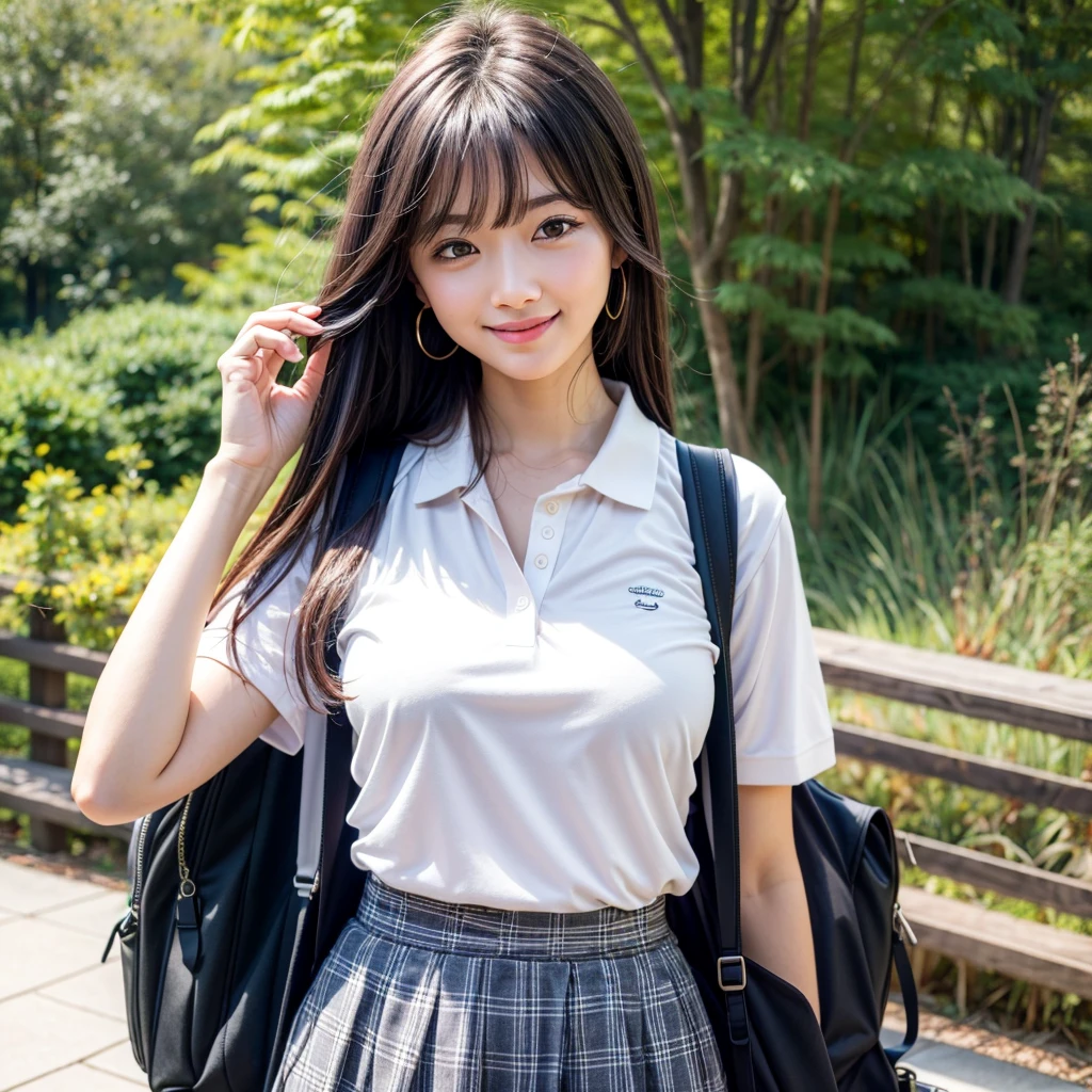 ((best quality)), ((masterpiece)), (details), one girl, sexy ((best quality)), ((masterpiece)), (details), one girl, sexy ((best quality)), ((masterpiece)), (details), one girl, full body, sexy expensive body, expensive, long legs, mature woman, mature, adult, it_nagatoro_main, Nagatoro Hayase, one girl, blushing, alone, uniform polo shirt, black hair, bag, brown eyes, hair accessory, looking at viewer, hair clip, outdoors, backpack, smiling, long hair, dark skinned woman, dark skin, , bangs, daytime, skirt, collared shirt, collarbone, ear clip, mouth closed, tree, asymmetrical bangs, upper body