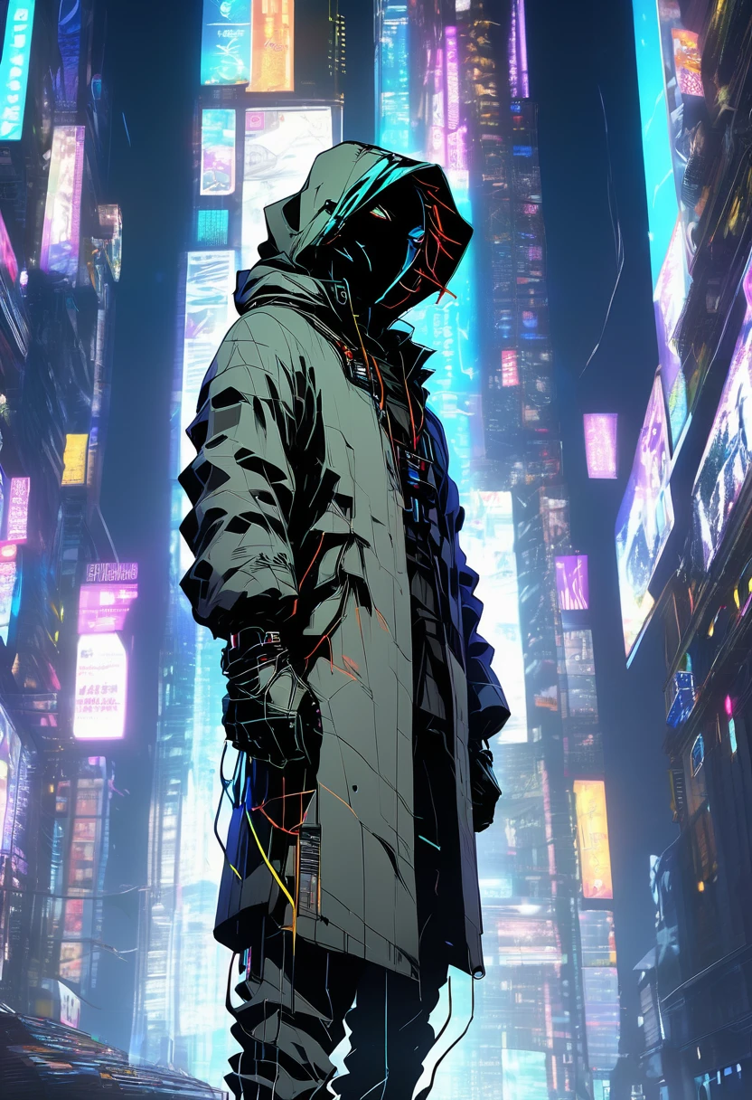 Wide and far shot, ((Man in futuristic hooded suit, Back to camera:1.5)), Standing on a shelf, View of the futuristic city at night, Dark cityscape with bright lights (Highest quality, 4K, 8K , High resolution, masterpiece: 1.2), Super detailed (Realist, photoRealist, photoRealist: 1.37), Cinema Lighting, Dramatic Shadows, Gloomy atmosphere, Intricate details, Bright city lights, Advanced Technology, Retro-futuristic architecture, Dynamic pose, Hood casting a shadow on the face, Intense expression