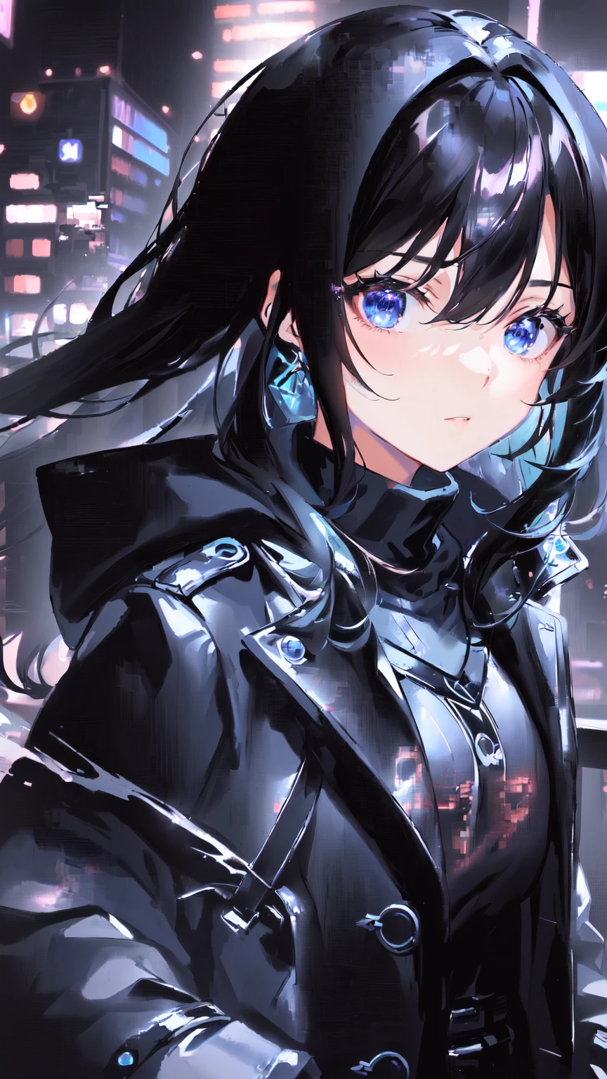 Highest quality, masterpiece, Ultra-high resolution,Long black hair anime girl standing in front of a city, Anime Style 4k, Amazing anime 8k, 4k anime wallpaper, Best anime 4k konachan wallpaper, anime wallpaper 4k, anime wallpaper 4k, anime art wallpaper 4k, anime art wallpaper 4k, Anime Art Wallpapers 8K, Cyberpunk anime girl in a hoodie