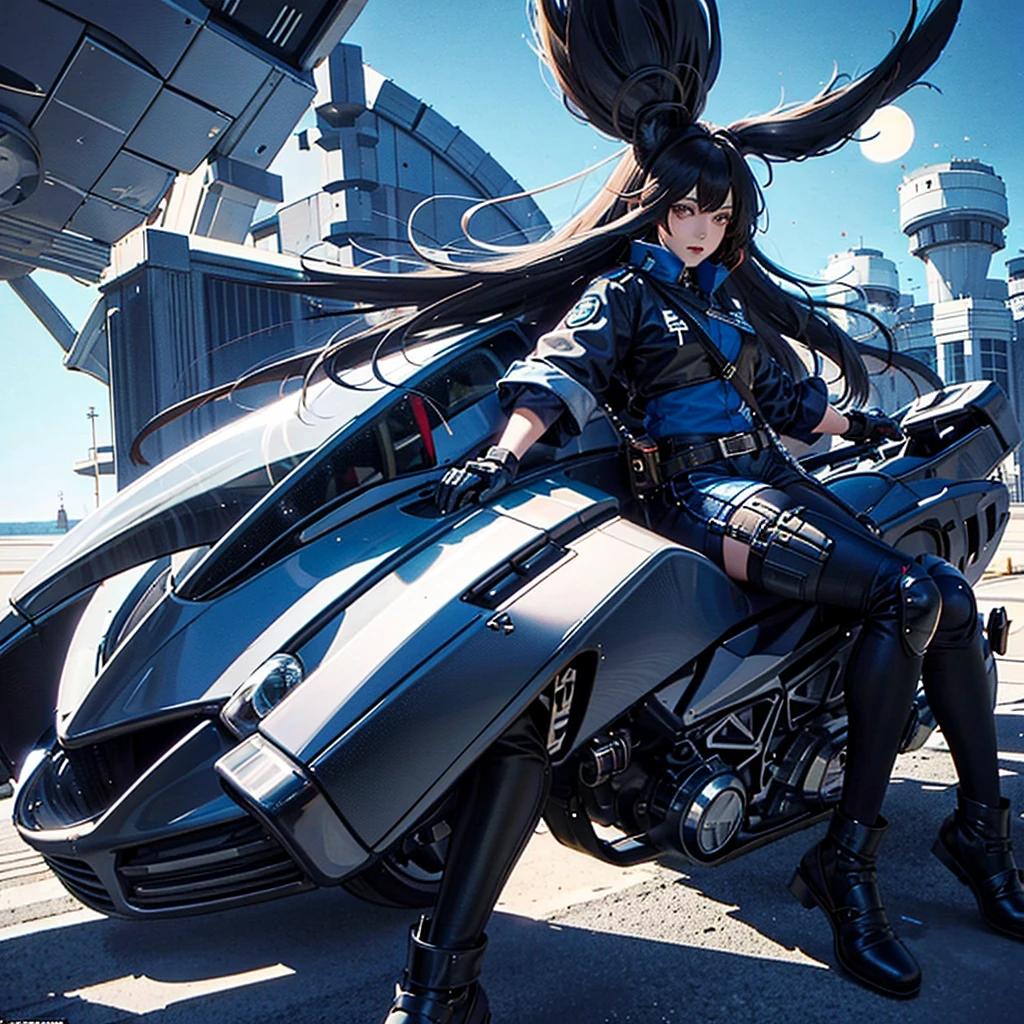 create a character with long hair and her hair color is brown with some blue highlights, her right eye is dark blue and her left is black, with ears and a wolf tail.