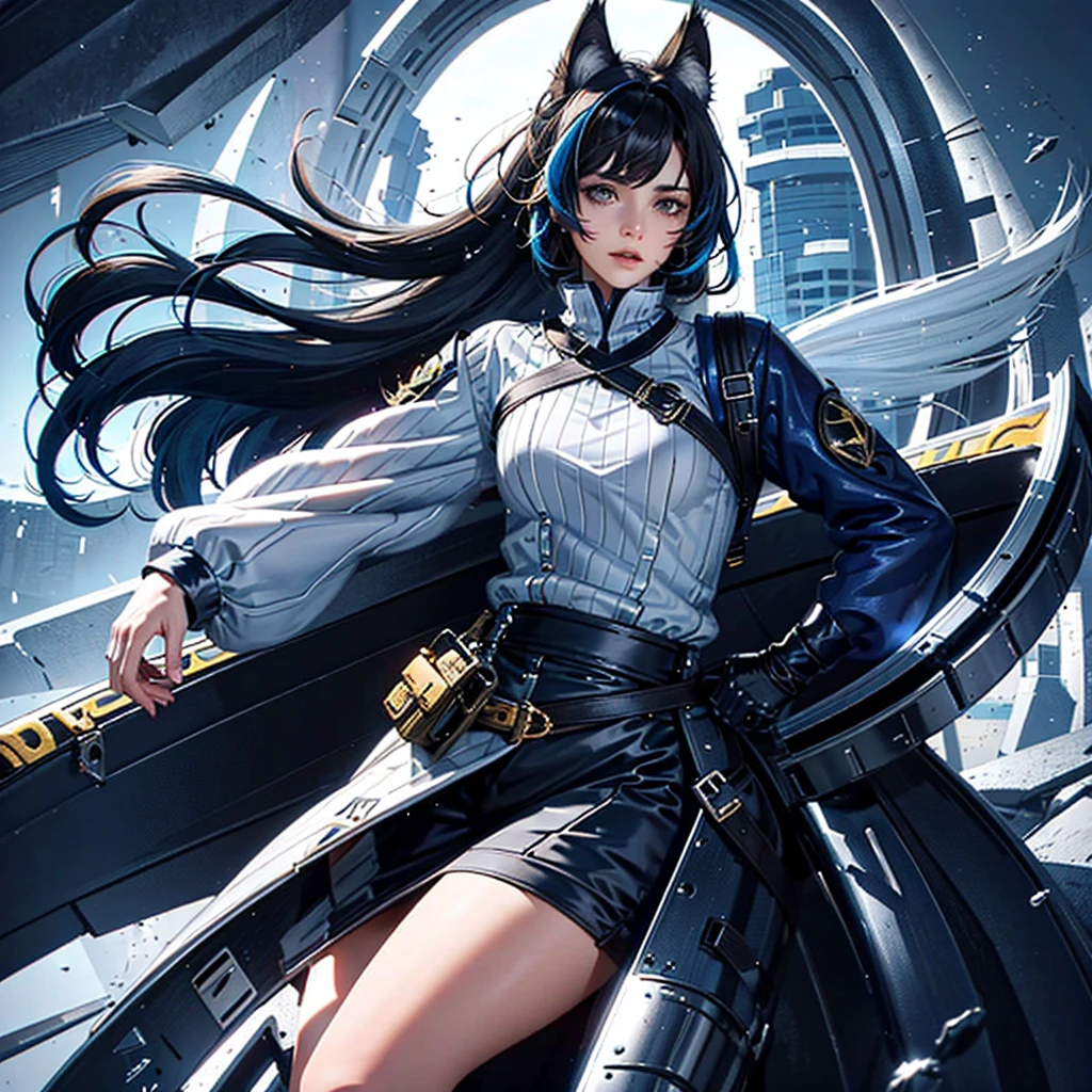 create a character with long hair and her hair color is brown with some blue highlights, her right eye is dark blue and her left is black, with ears and a wolf tail.