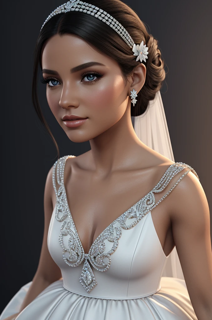 Pretty girl with black eyes from Lima with a white dress with expensive diamonds from 1765 with light skin, illustration, 3d render