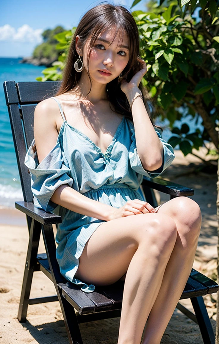 A woman with dark hair in an elegant, loose curl style and green eyes.、Relaxing on a quiet beach by the sea。She is wearing a simple and elegant white blouse.、She is wearing pale blue linen wide pants.。Wearing beach sandals on your feet、Casual yet sophisticated style。The beach spreads out in the background.、The blue sea and sky stretch out in the distance.。She sits in a beach chair、She looks relaxed as she listens to the gentle sounds of the waves.。Next to her is a beach bag and sunglasses.、There is an open magazine in his hand。Small shell earrings and a simple silver bracelet、It brings out her natural beauty and elegance.。This relaxed、A peaceful moment on the beach、It highlights her elegance。
