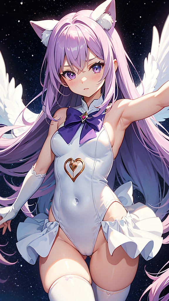 Magical girl　White costume　leotard　Purple long hair　Great style　blush　Embarrassed　universe space