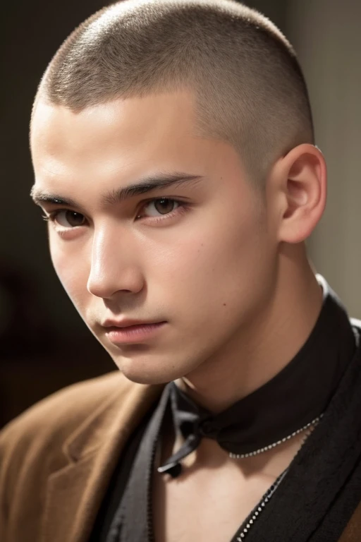 A boy with a shaved head and no ears