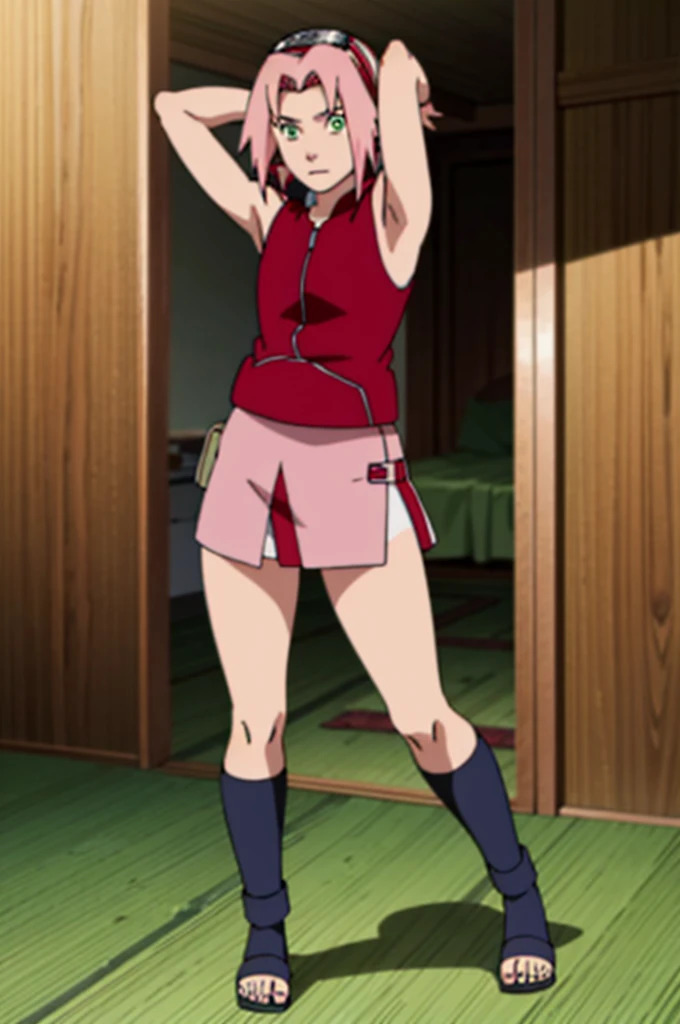 full body, Sakura Haruno, sleeveless, Red jacket, forehead protector, symbol of konohagakure, arms behind head, armpits, showing armpits, posing, green eyes, perfect proportions, Sakura Shippuden, small miniskirt, beautiful legs