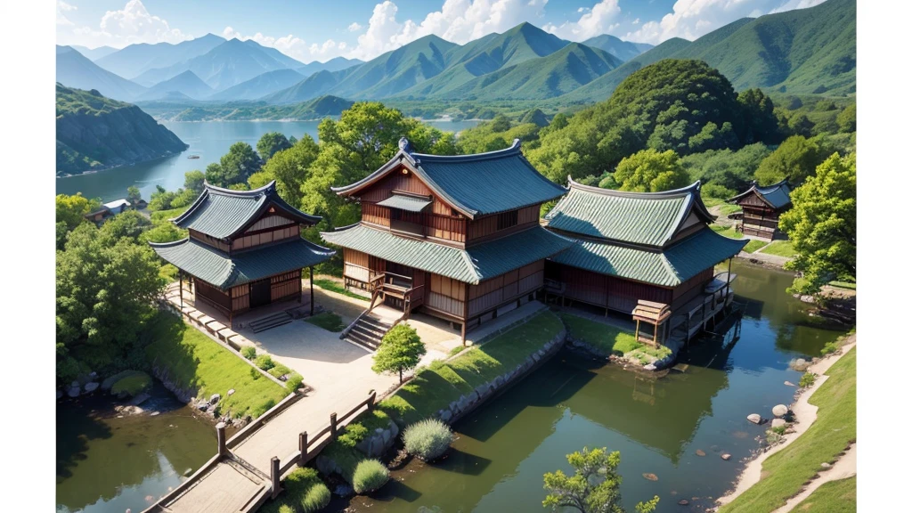 Beautiful Japanese village scene. Aerial view, Photorealistic photos, High definition, 8K