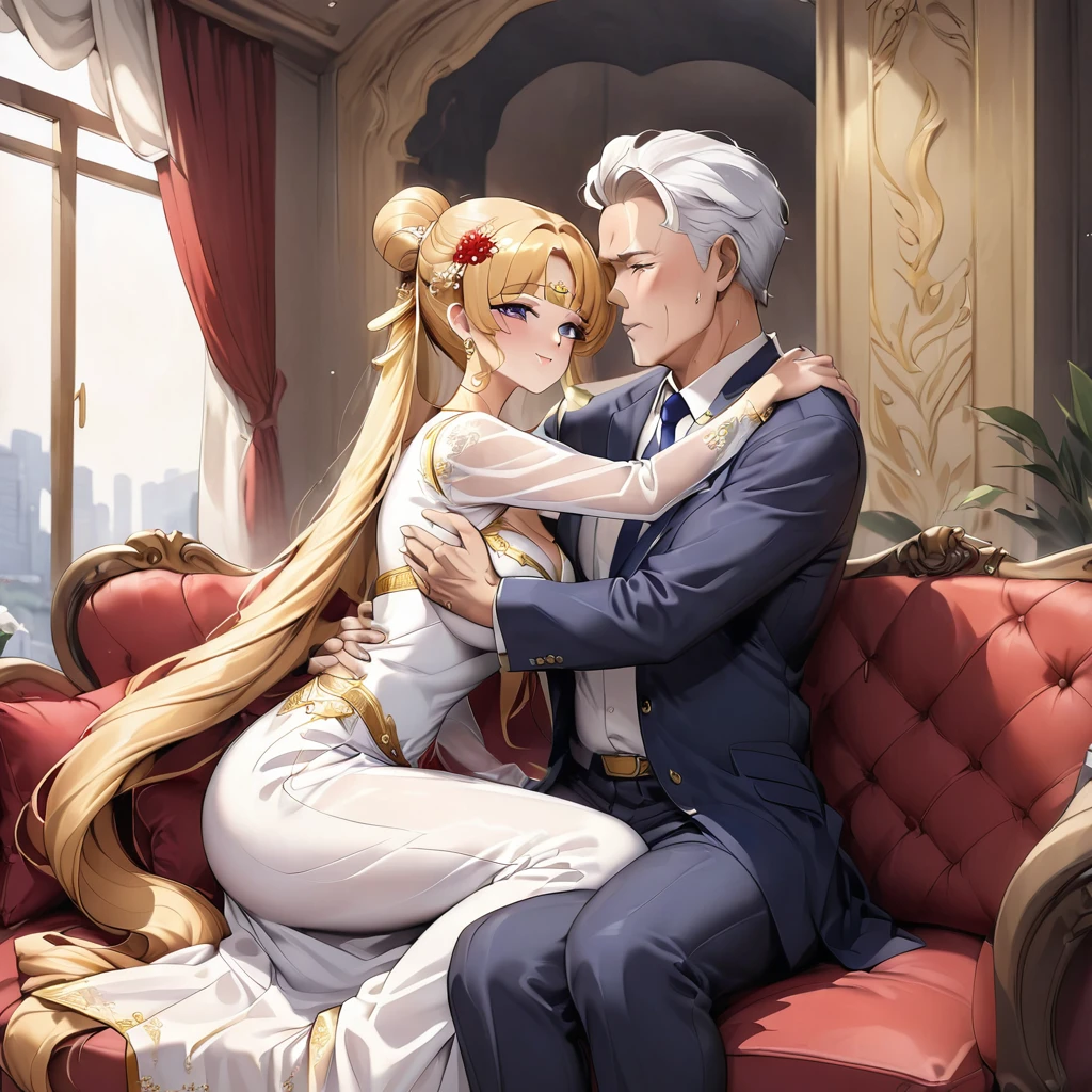((Highest quality)), ((masterpiece)), (detailed), (Perfect Face)、The woman is a Vietnamese woman named Tsukino Usagi, wearing a gorgeous and glittering ao dai, a traditional Vietnamese dress with gold embroidery, a gorgeous hair ornament, gorgeous jeweled accessories and an engagement ring. The woman and the man are sitting on a gorgeous, large sofa in a luxurious room, and the woman is being embraced, kissed and caressed by a dignified and sturdy middle-aged Vietnamese man dressed in Vietnamese national dress.、The woman is the elegant Tsukino Usagi, a Vietnamese girl with long blonde hair in a chignon twin tail and wearing an ao dai.、The man is a dignified and sturdy middle-aged Vietnamese man wearing Vietnamese national costume.