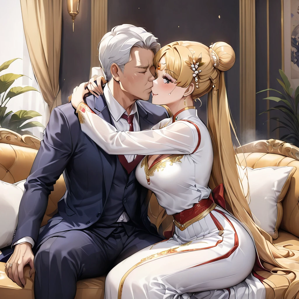 ((Highest quality)), ((masterpiece)), (detailed), (Perfect Face)、The woman is a Vietnamese woman named Tsukino Usagi, wearing a gorgeous and glittering ao dai, a traditional Vietnamese dress with gold embroidery, a gorgeous hair ornament, gorgeous jeweled accessories and an engagement ring. The woman and the man are sitting on a gorgeous, large sofa in a luxurious room, and the woman is being embraced, kissed and caressed by a dignified and sturdy middle-aged Vietnamese man dressed in Vietnamese national dress.、The woman is the elegant Tsukino Usagi, a Vietnamese girl with long blonde hair in a chignon twin tail and wearing an ao dai.、The man is a dignified and sturdy middle-aged Vietnamese man wearing Vietnamese national costume.