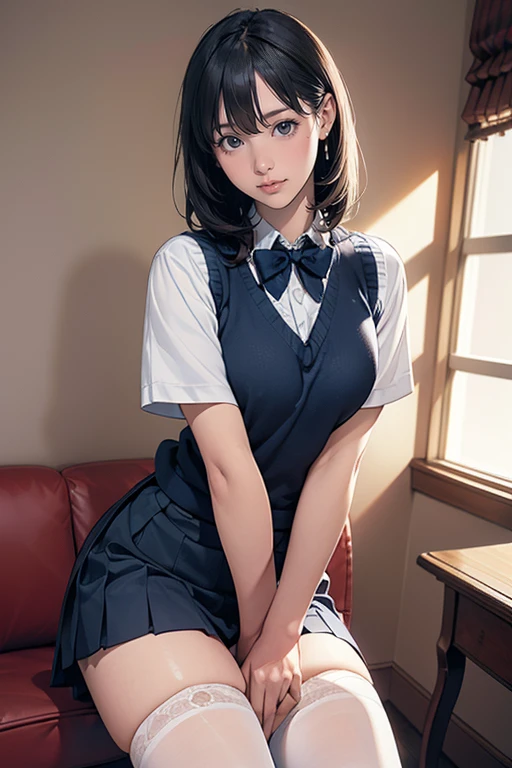 (masterpiece:1.2, Highest quality), (Realistic, photoRealistic:1.4), Beautiful illustrations, (Natural Side Lighting, Cinema Lighting), Written boundary depth, Looking at the audience, (Face Focus, whole body), Front view, 1 Girl, high school girl, 18-year-old, Perfect Face, Cute symmetrical face, Shiny skin, (Bob Hair:1.7,Black Hair), Asymmetrical bangs, Big eyes, Droopy eyes, long eyelashes chest), thin, Beautiful Hair, Beautiful Face, Beautiful and beautiful eyes, Beautiful clavicle, Beautiful body, Beautiful breasts, Beautiful thighs, Beautiful feet, Beautiful fingers, ((High quality fabric, brown knit vest, Short sleeve white shirt, Navy Pleated Skirt, Navy bow tie)), (Beautiful views), evening, (smile, wonderful, Open your mouth), Angle from below, Low Angle, From behind, (Skirt flip:1.4), Loose and wrinkled white panties, stockings,(Sexy Face)