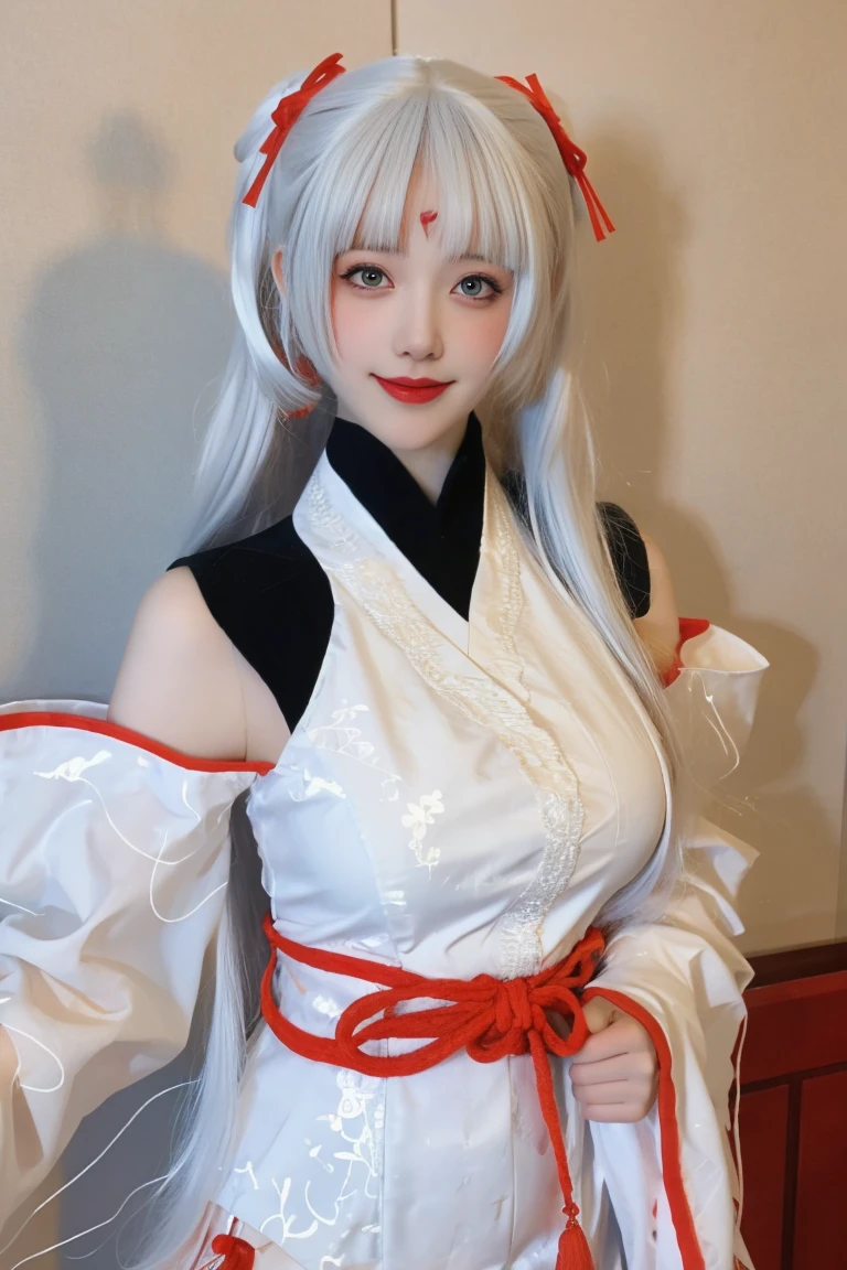 best quality, tmasterpiece,Ultra-high resolution,Clear face,(Reality:1.4),ferpect lighting,(full body photo), (photorealistic:1.50), anime wallpaper, Guviz style artwork, cover-up fantasy up to magic , by Yang J, Guviz, beautiful artwork illustration, beautiful digital artwork, beautiful digital illustration, Li Song, beautiful anime portrait, art style in Beauvot, 1girl,独奏, white hair, hair ornament, long hair, twintails, Double good, bangs, jewelry, Earring, blue eyes, Double eyelids, Blush, Cheeks flushed, smile, kimono, white dress, ribbon, shiranui,