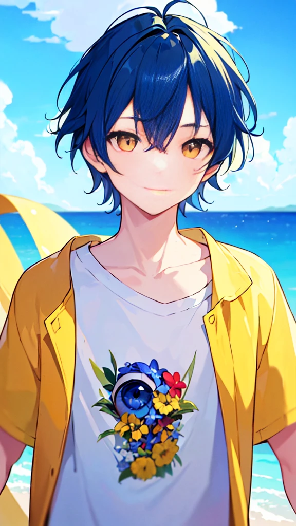 [(SUMMER BACKGROUND:1.5),::5], ((((masterpiece)))), high quality, very_high_resolution, large_filesize, upper body, full color, ((Solo)), ((little boy)), 13 old year, men's short deepblue hair, vivid color, ((yellow eye)), Summer clothes white, animestyle, light smile