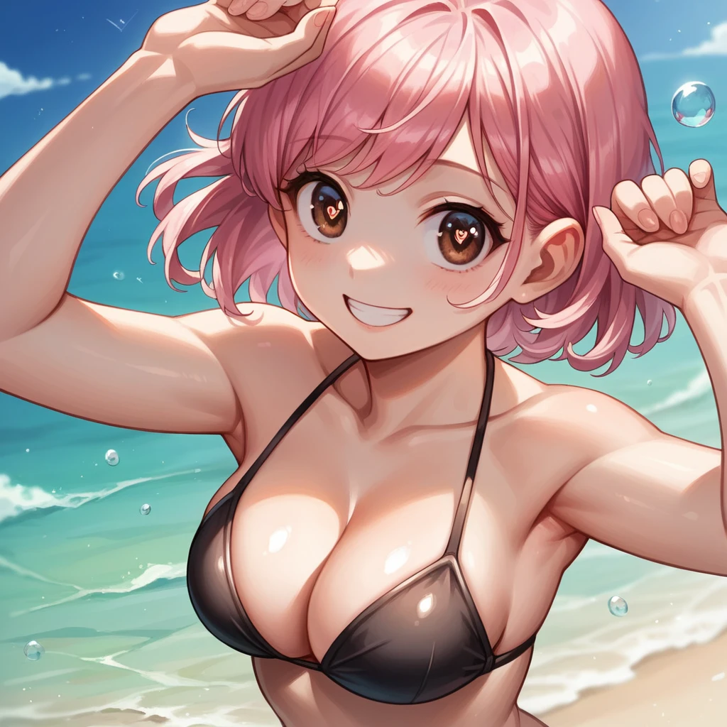 gorgeous,a cutegirl, anime, best quality, extremely,detailed,masterpiece,cleavage,perm,Pink hair, Short bob,8K, best quality, ultra detailed, extremely CG illustration, brown eyes,upward glance, (beautiful detailed eyes:1.1), 1girl, shiny hair, happy, shine pupil, cute face, soft smile, smiling, kawaii, strong woman, cleavage, (young,18 years old),(Black bikini),beautiful sea, beautiful sky,from above, looking up,Show your armpits,