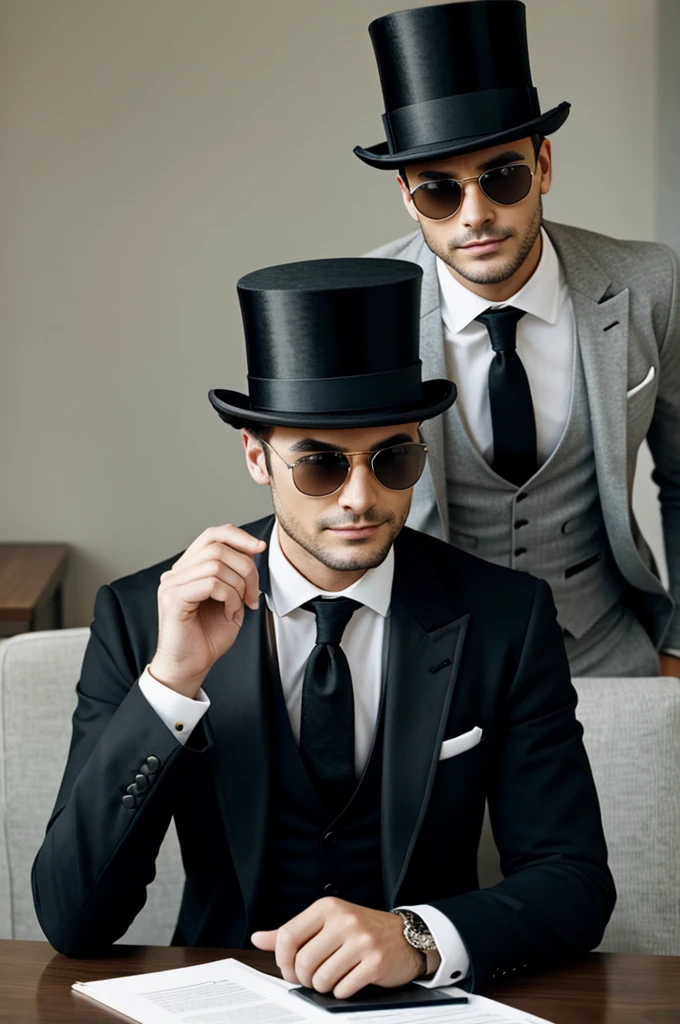 man with a cool business suit and a top hat, and sunglasses