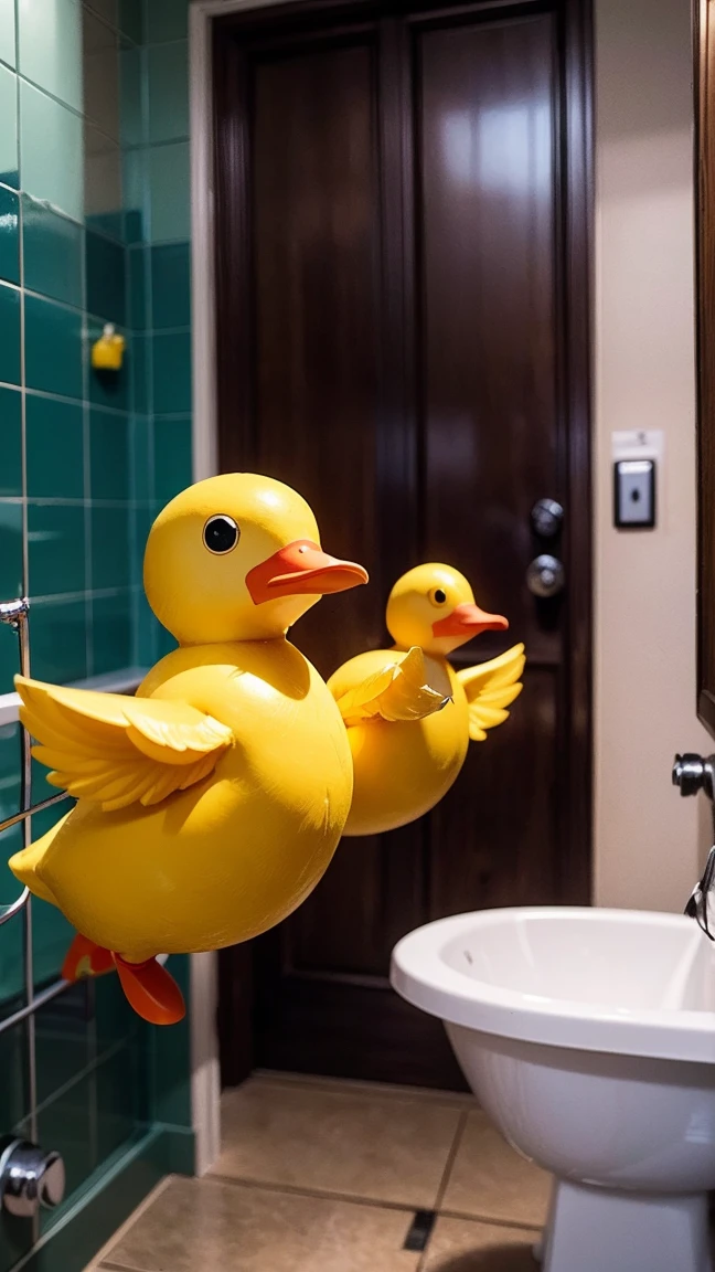 Imagine a world where rubber ducks have become sentient and are leading a rebellion against bathroom faucets, wielding toothbrushes as swords and riding on flying soap bubbles. Describe the epic battle scene in vivid detail