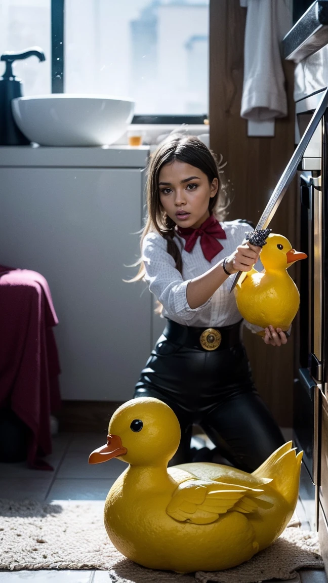 Imagine a world where rubber ducks have become sentient and are leading a rebellion against bathroom faucets, wielding toothbrushes as swords and riding on flying soap bubbles. Describe the epic battle scene in vivid detail