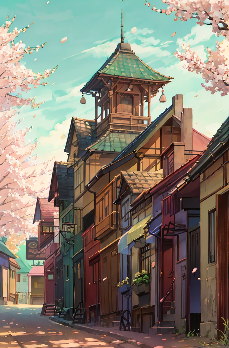 「A boy and girl high school students sitting together on a bench under a cherry blossom tree in full bloom。The scene is set in the late afternoon、The sky has soft pink and purple hues、Showing sunrise or sunset。Cherry blossom petals are falling gently around them、It adds to the serene and romantic atmosphere of the scene.。The couple is depicted in an intimate and comfortable pose.、It suggests a sense of closeness and camaraderie between them.。」