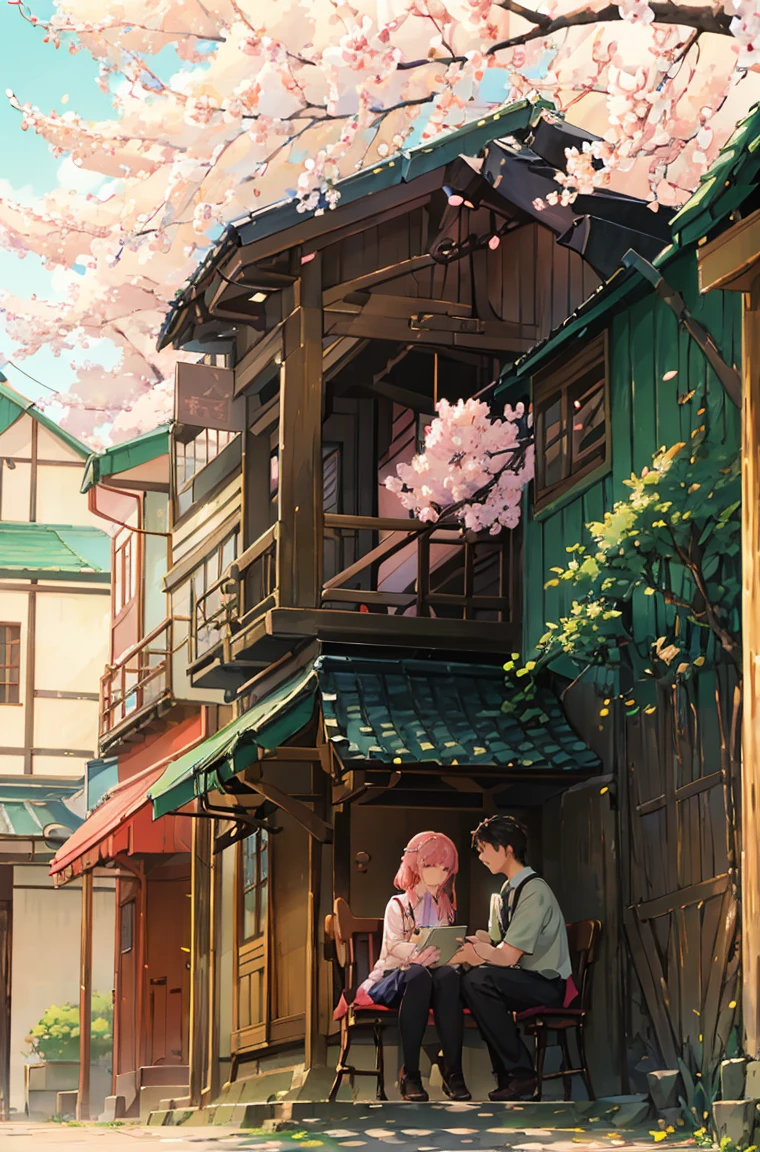 
「A boy and girl high school students sitting together on a bench under a cherry blossom tree in full bloom。The scene is set in the late afternoon、The sky has soft pink and purple hues、Showing sunrise or sunset。Cherry blossom petals are falling gently around them、It adds to the serene and romantic atmosphere of the scene.。The couple is depicted in an intimate and comfortable pose.、It suggests a sense of closeness and camaraderie between them.。」