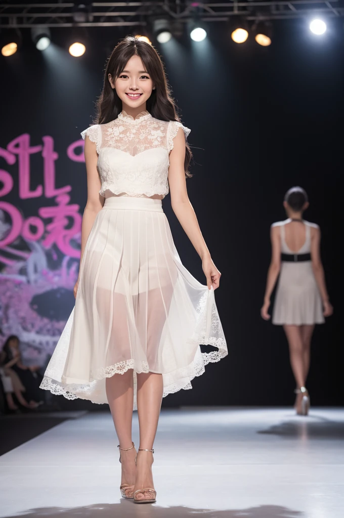 Amazingly large eyes、Smiling expression with white teeth visible、H cup bust、50cm waist、Slender and fair-skinned、Japan woman with long hair、20-year-old、Slim figure、Wearing a pleated skirt and a sheer lace blouse that flutters in the vivid breeze、Wearing high heels。On the runway at a fashion show、Her whole body was shown, from her high heels to her head, as she walked towards the viewer.、Bright, photo-quality images。