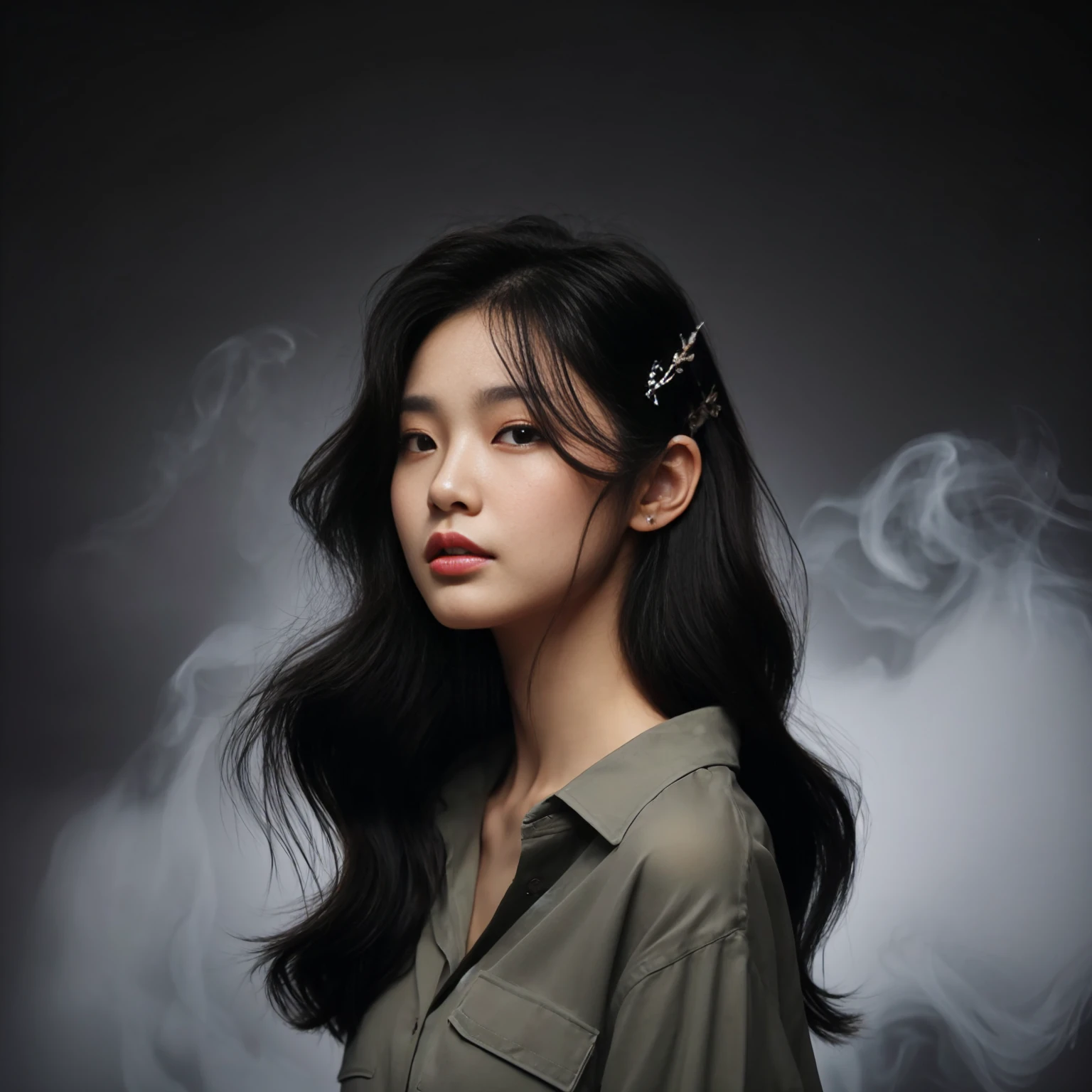 A photo of a beautiful 20-year-old Korean girl, wearing a sage shirt, with medium black hair, hair decoration, looking to the side, posing elegantly, bold gray background, smoke effect. 4k, UHD, realistic, masterpiece
