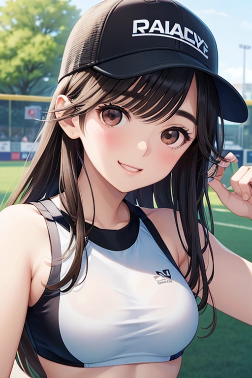 Gaoling loves flowers、Shiny brown hair, long hair、, Beautiful brown eyes、smile、Sparkling eyes, (Fine grain)、Ultra-detailed eyes、Highly detailed face, Highly detailed eyes,


masterpiece, Highest quality, Pixiv, 


Baseball cap, Black sports bra, White skin, Gal, Improve