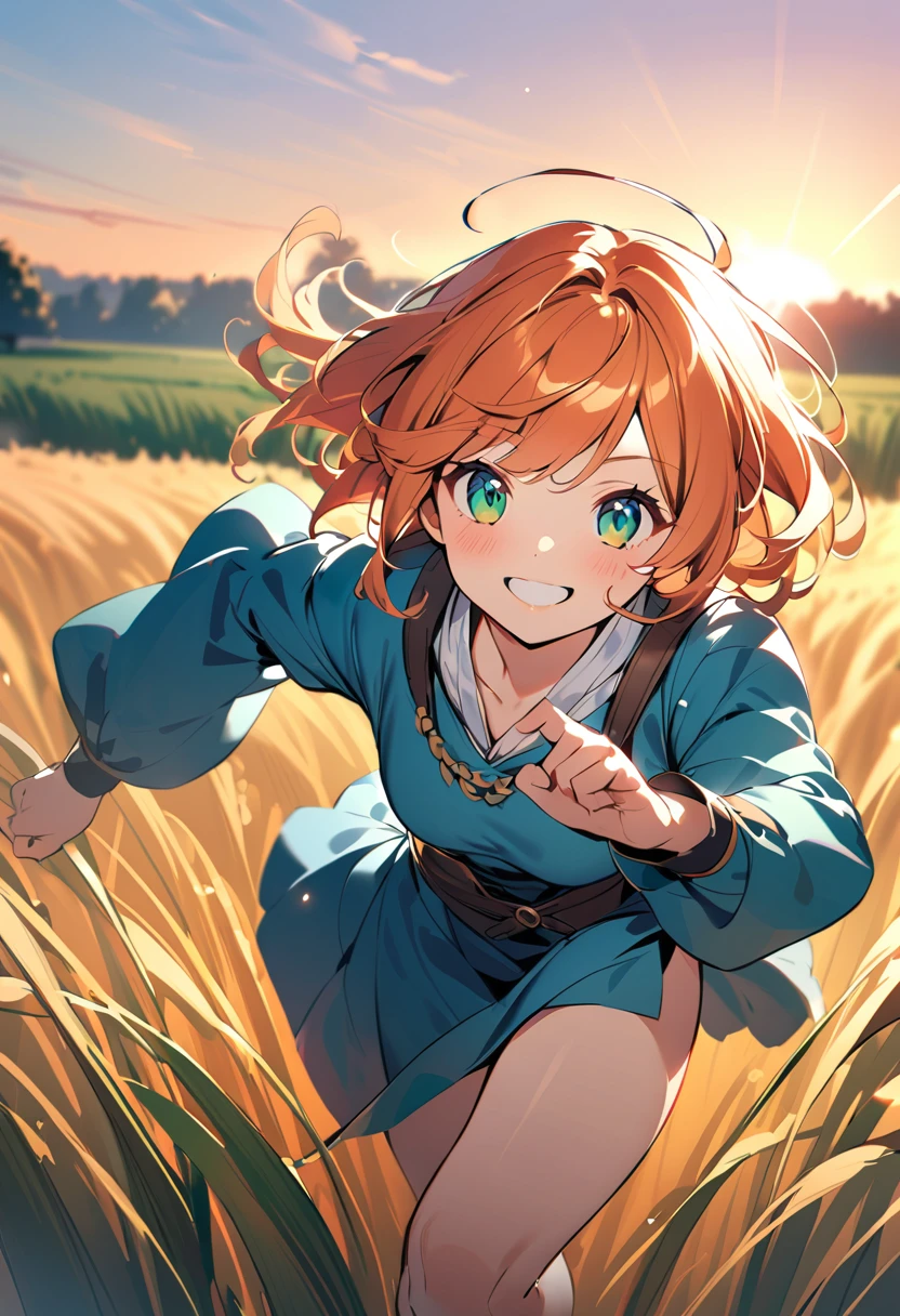 1 girl, One, Long orange hair, running, (High wheat field), Turning, emerald eyes, long blue dress, average age, Medieval attire, Sunset with long sleeves, light from behind, Shadow on the figure, smile, laughter, (blue sky), against the background of wheat, I&#39;m standing in the distance, I look at the viewer, full length