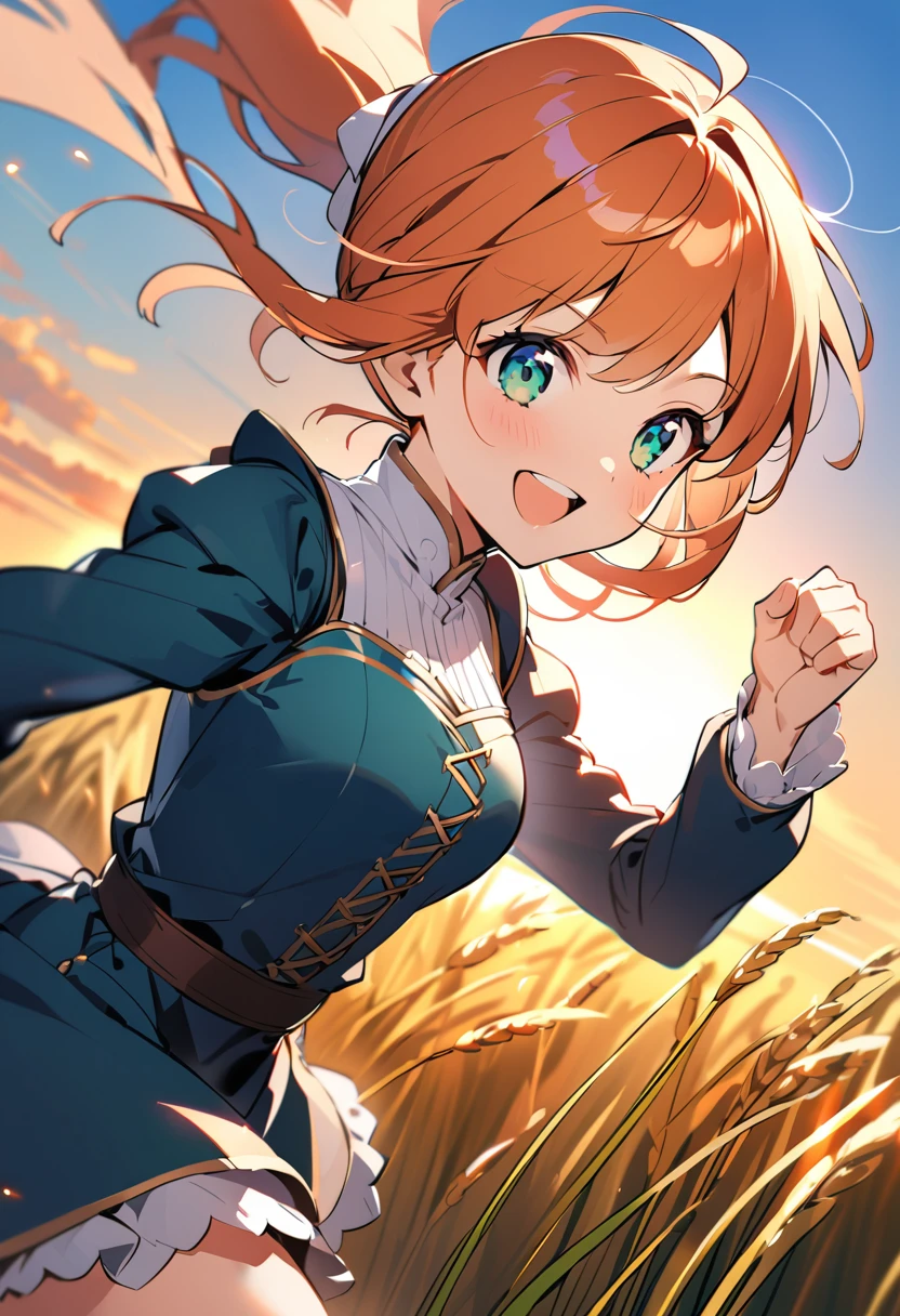 1 girl, One, Long orange hair, running, (High wheat field), Turning, emerald eyes, long blue dress, average age, Medieval attire, Sunset with long sleeves, light from behind, Shadow on the figure, smile, laughter, (blue sky), against the background of wheat, I&#39;m standing in the distance, I look at the viewer, full length