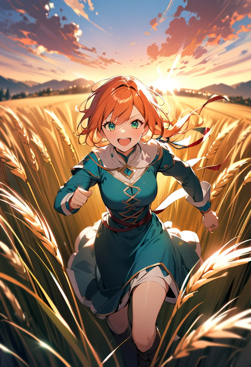 1 girl, One, Long orange hair, running, (High wheat field), Turning, emerald eyes, long blue dress, average age, Medieval attire, Sunset with long sleeves, light from behind, Shadow on the figure, smile, laughter, (blue sky), against the background of wheat, I'm standing in the distance, I look at the viewer, full length
