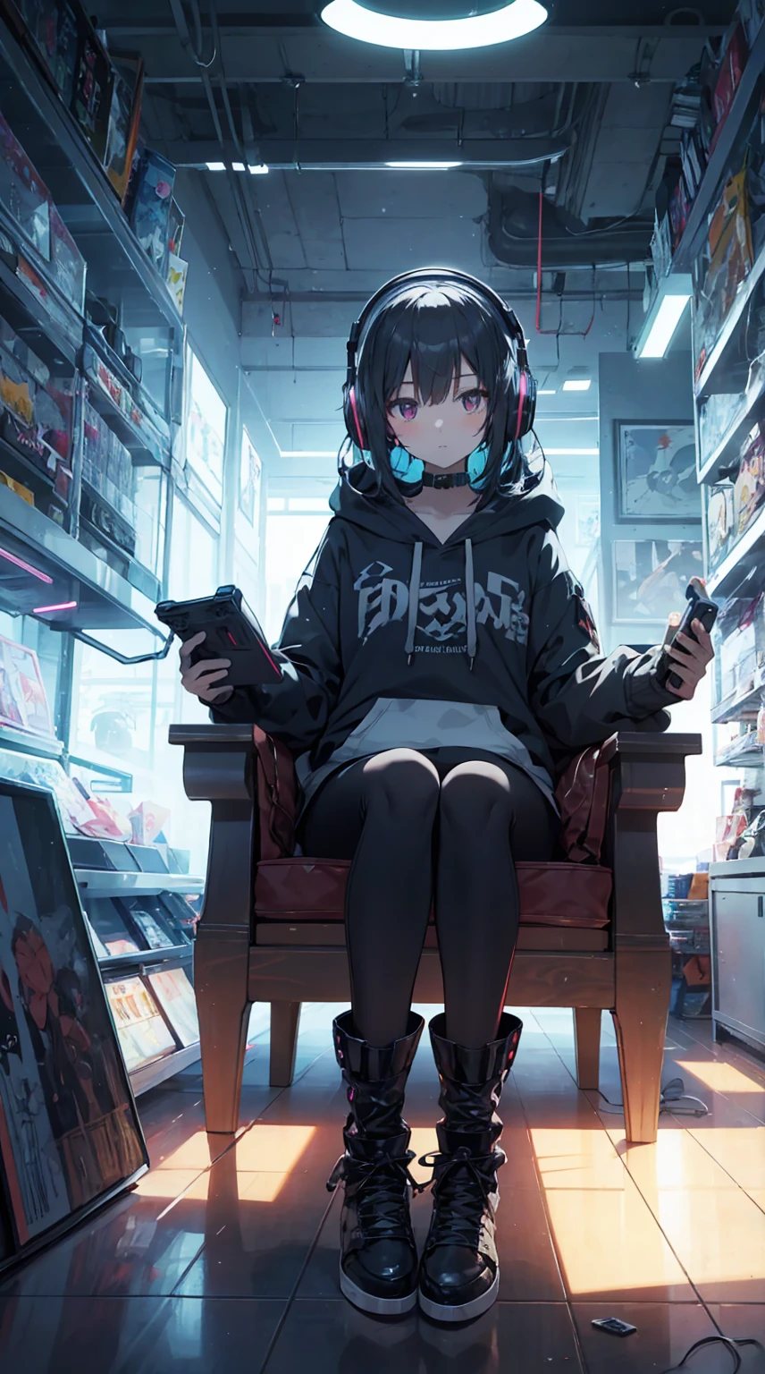 This illustration depicts a cute girl playing a game in her living room. She holds a game controller in her hand and her eyes sparkle. The room has a neon-colored wall and is dimly lit, giving it a futuristic feel. However, the most noteworthy thing is the "last mysterious high-energy body" she emits. This energy body released from her body has the power to obliterate the garbage in the store. The pale light reaches every corner of the room. He is sitting cross-legged in a large chair and is wearing a hoodie. I have headphones on and am engrossed in the game.
