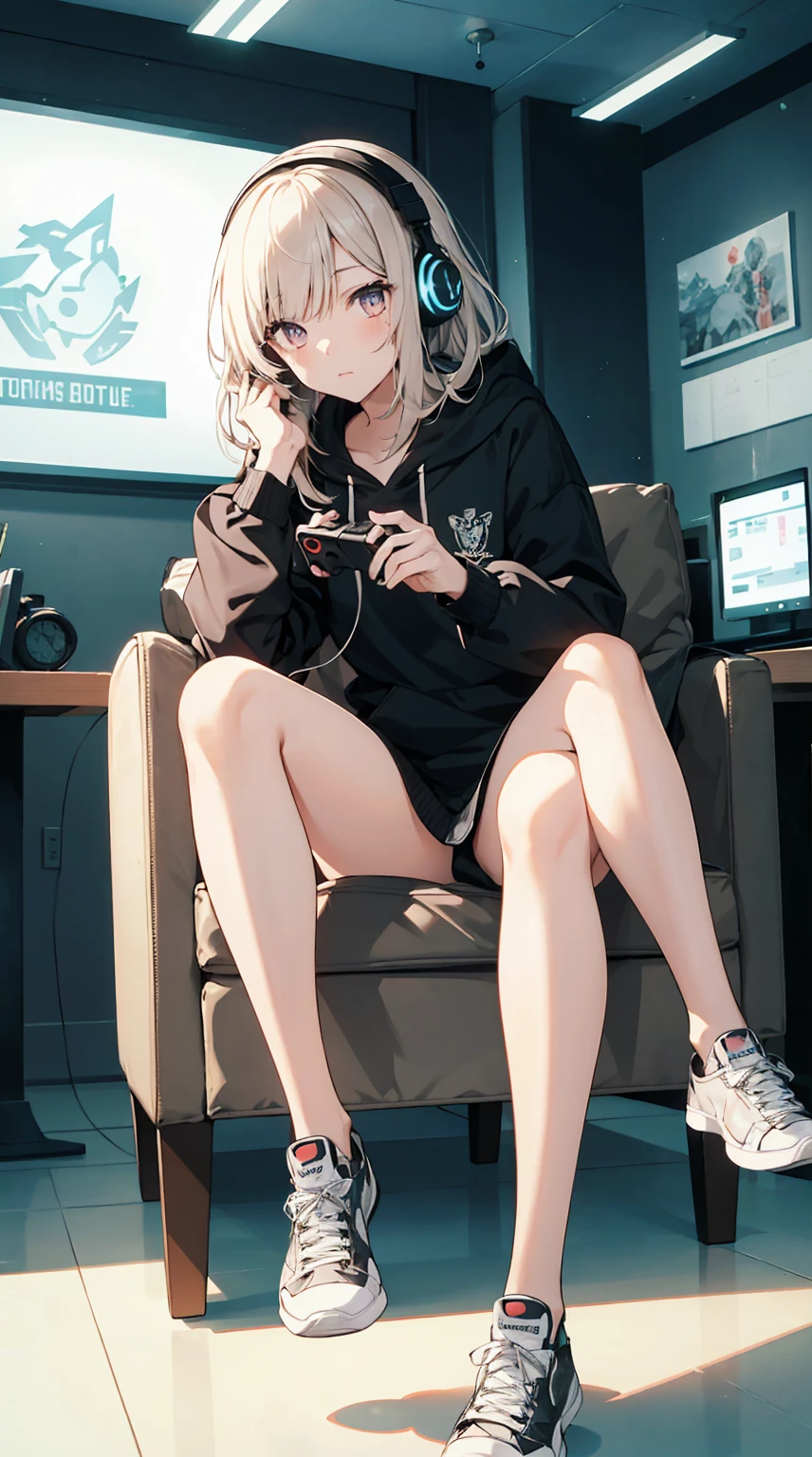 This illustration depicts a cute girl playing a game in her living room. She holds a game controller in her hand and her eyes sparkle. The room has a neon-colored wall and is dimly lit, giving it a futuristic feel. However, the most noteworthy thing is the "last mysterious high-energy body" she emits. This energy body released from her body has the power to obliterate the garbage in the store. The pale light reaches every corner of the room. He is sitting cross-legged in a large chair and is wearing a hoodie. I have headphones on and am engrossed in the game.