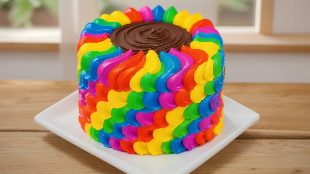 on a wooden table. there is a square white plate. rainbow cream cake. smears of cream in a checkerboard pattern, hole with chocolate drips on top,  ((cream highlights)), against the background of the kitchen, Kitchenware, vases with plants, Beautiful light from the window, contour light, Multiple light sources, beautiful sunlight, Bright light source, bright lighting, beautiful light sources, Multiple light sources, Realistic style , realistic texture, detailed texture, A high resolution, high quality, macro photography 