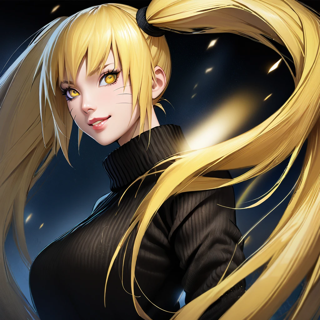 1girl, female Naruto , Naruto female version, solo, very long_hair, (( twintail)) yellow eyes, ((very long yellow_hair)), night view, breasts, upper_body, smile, yellow_eyes, lips, (yellow hair)  wearing black color sweater, breast, "very detailed and high resolution" (yellow eyes)  ((solo)) ((high resolution)) (Good quality),((front view))