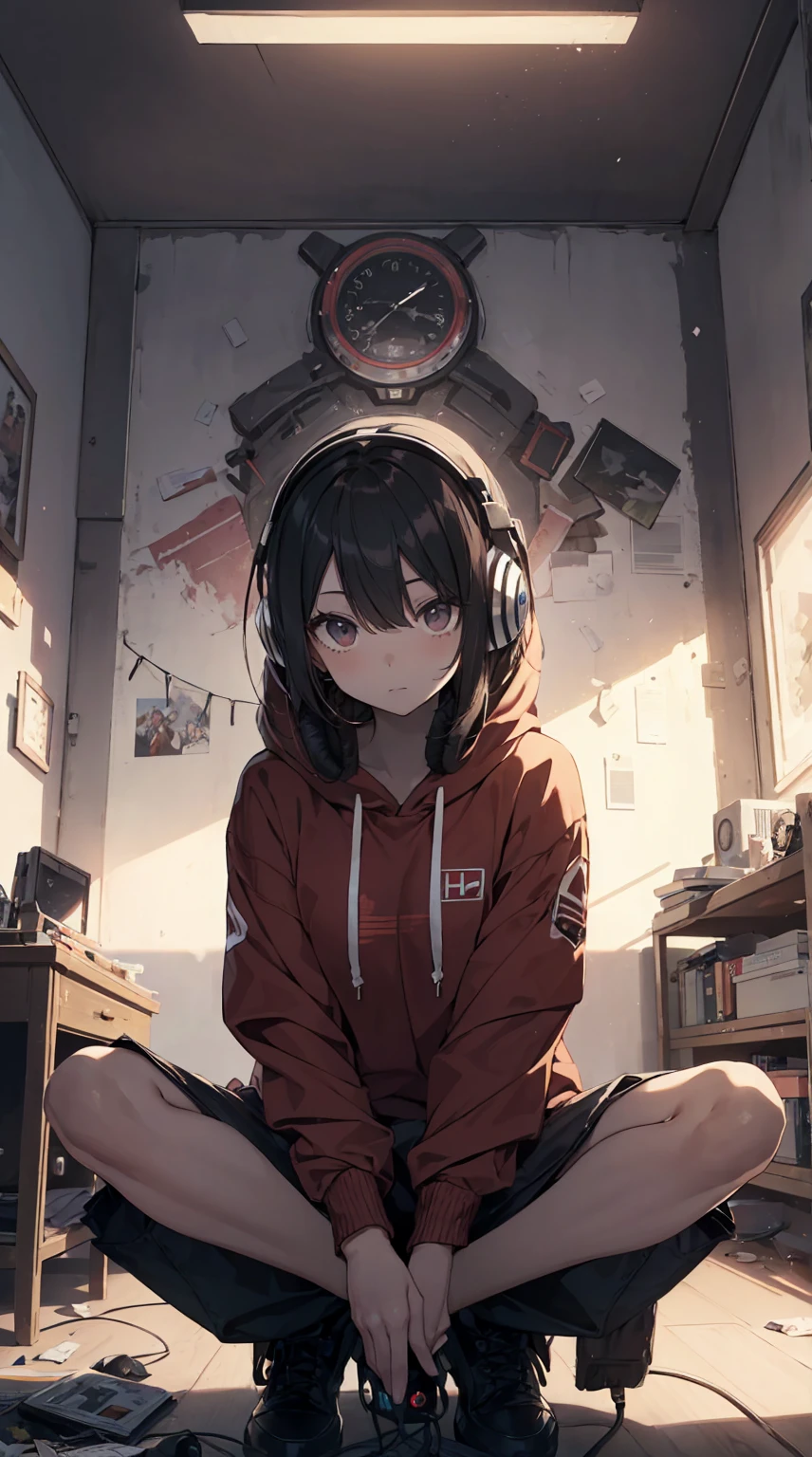 This illustration depicts a cute girl playing a game in her living room. She holds a game controller in her hand and her eyes sparkle. The room has a neon-colored wall and is dimly lit, giving it a futuristic feel. However, the most noteworthy thing is the "last mysterious high-energy body" she emits. This energy body released from her body has the power to obliterate the garbage in the store. The pale light reaches every corner of the room. He is sitting cross-legged in a large chair and is wearing a hoodie. I have headphones on and am engrossed in the game.