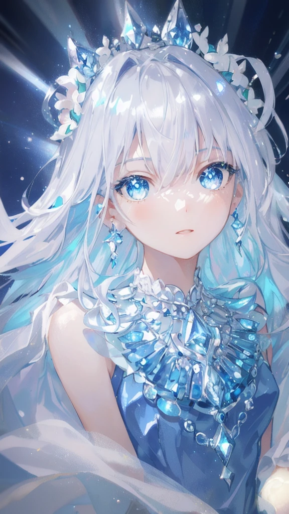 masterpiece, best quality, illustration, sax blue, platinum earrings, platinum necklace, white dress, 1girl, cute, (dynamic lighting:1.2), cinematic lighting, delicate facial features, detailed eyes, sharp pupils, realistic pupils, depth of field, bokeh, sharp focus, (hyper-detailed, bloom, glow:1.4), many small gems