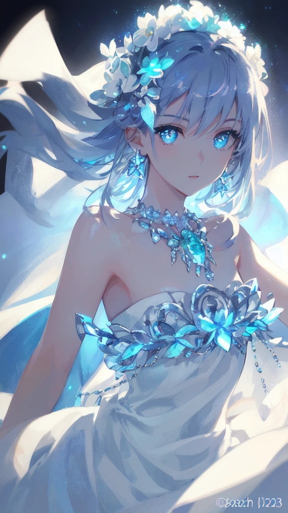 masterpiece, best quality, illustration, sax blue, platinum earrings, platinum necklace, white dress, 1girl, cute, (dynamic lighting:1.2), cinematic lighting, delicate facial features, detailed eyes, sharp pupils, realistic pupils, depth of field, bokeh, sharp focus, (hyper-detailed, bloom, glow:1.4), many small gems