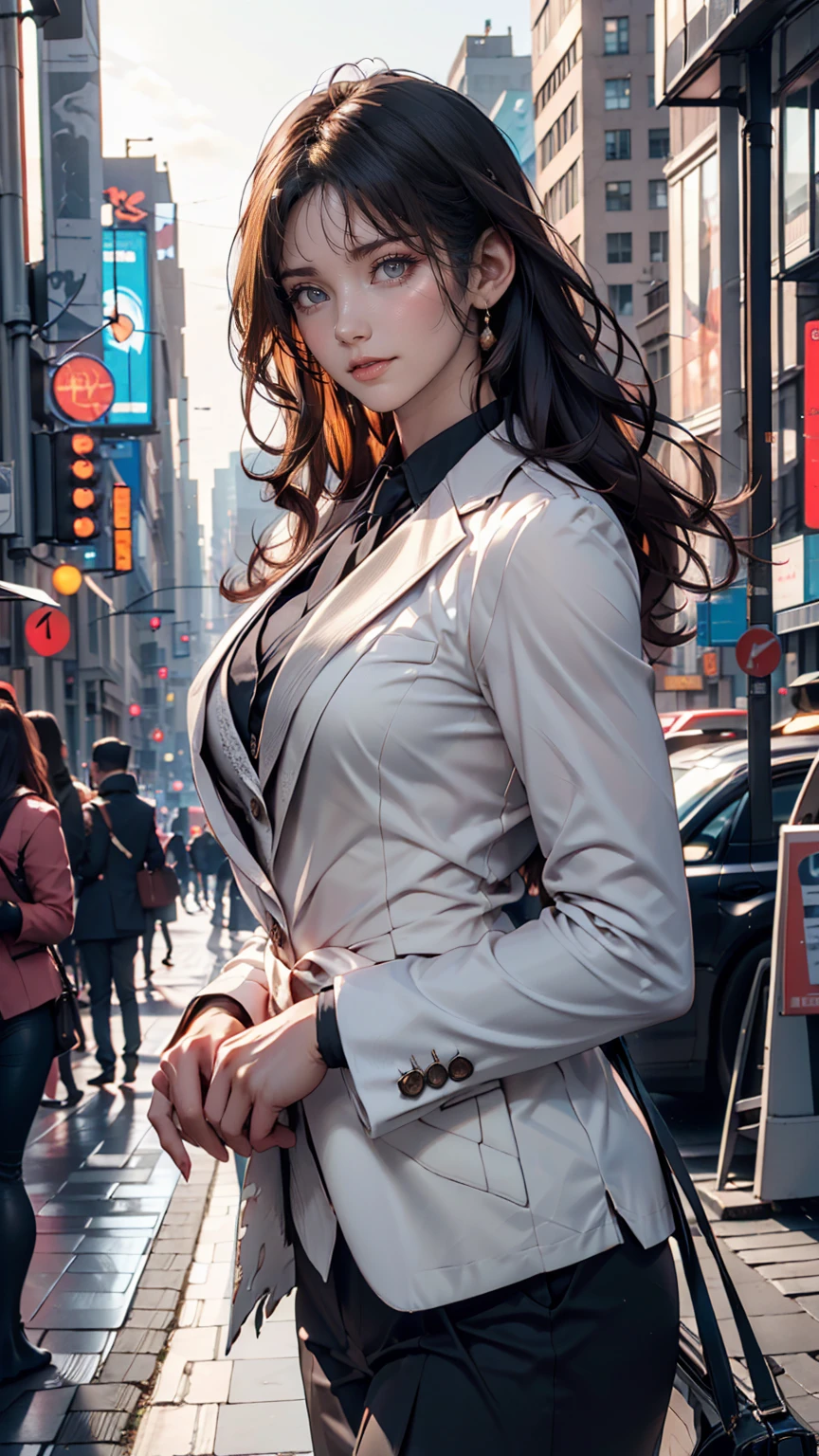 (8K, RAW Photos, Highest quality, masterpiece: 1.2), (Realistic, photoRealistic: 1.37), 1 Woman in a suit standing on the sidewalk, Cityscape, Day, Sunny Morning, Professional Lighting, Photon Mapping, Radio City, Brazilian Women, Torn, shirt, Woman in a suit, Silk Suit